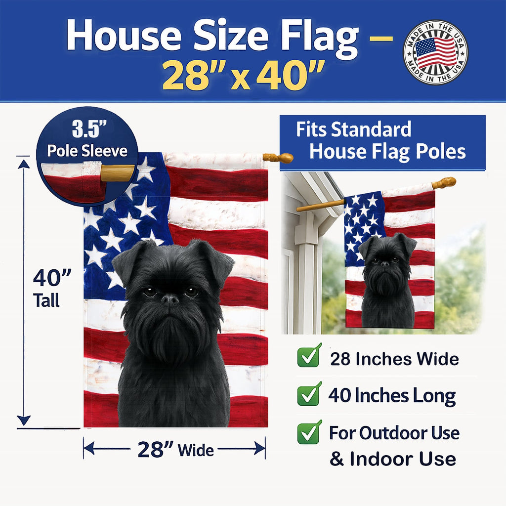 Black Brussels Griffon American Flag House Flag 28x40 Porch Sleeve Pole Decorative Outside Yard Banner Artwork Wall Hanging, Polyester
