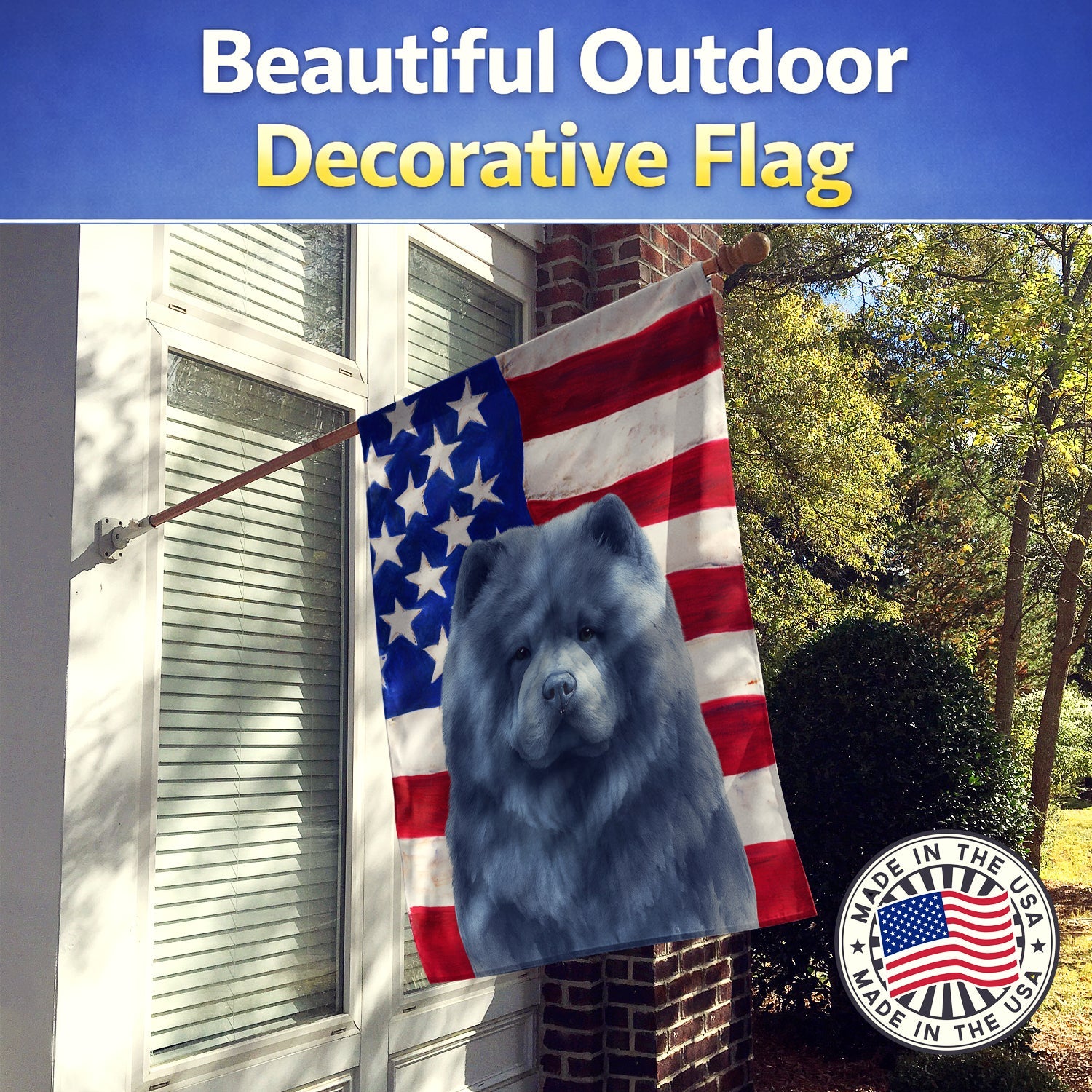Blue Chow Chow American Flag House Flag 28x40 Porch Sleeve Pole Decorative Outside Yard Banner Artwork Wall Hanging, Polyester