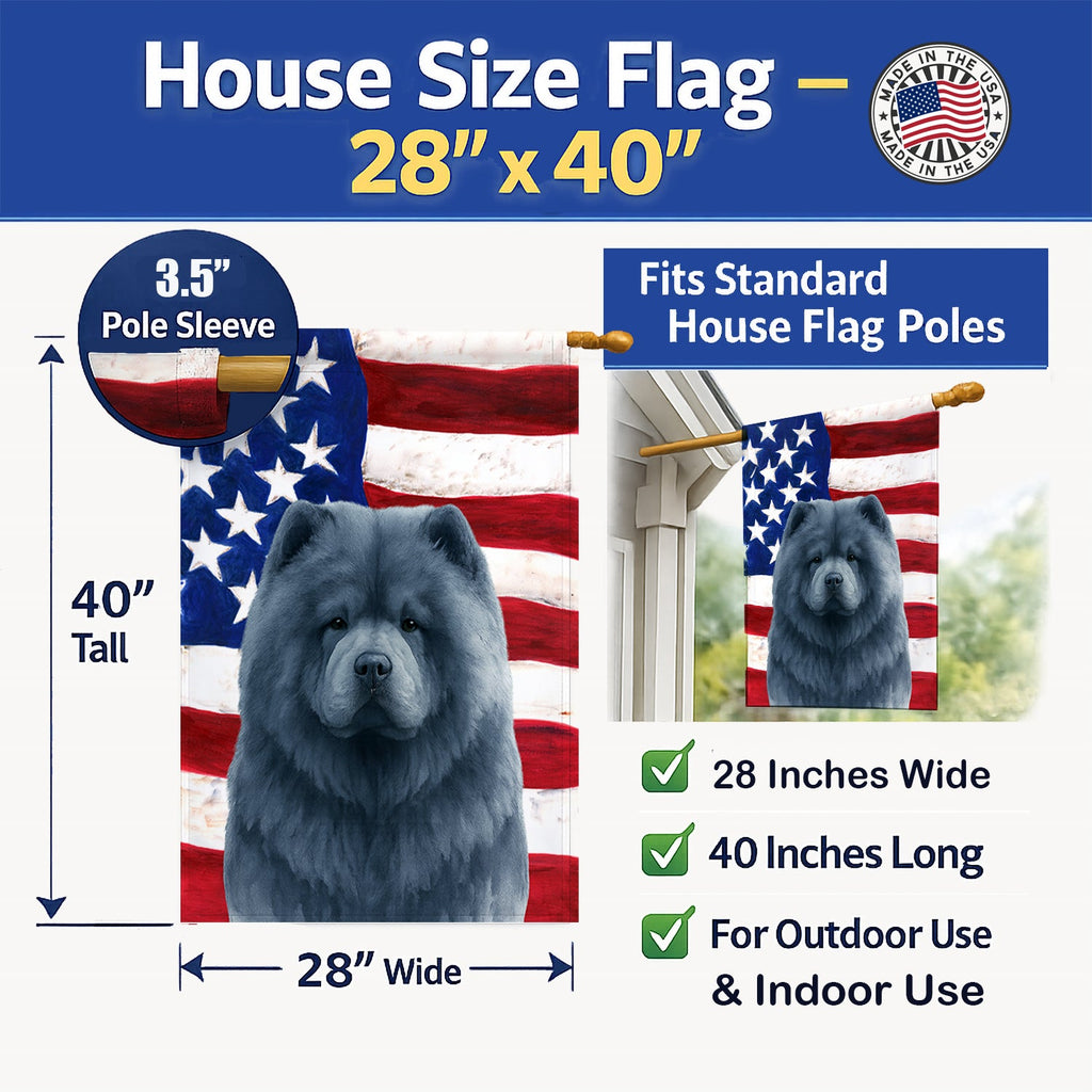 Blue Chow Chow American Flag House Flag 28x40 Porch Sleeve Pole Decorative Outside Yard Banner Artwork Wall Hanging, Polyester
