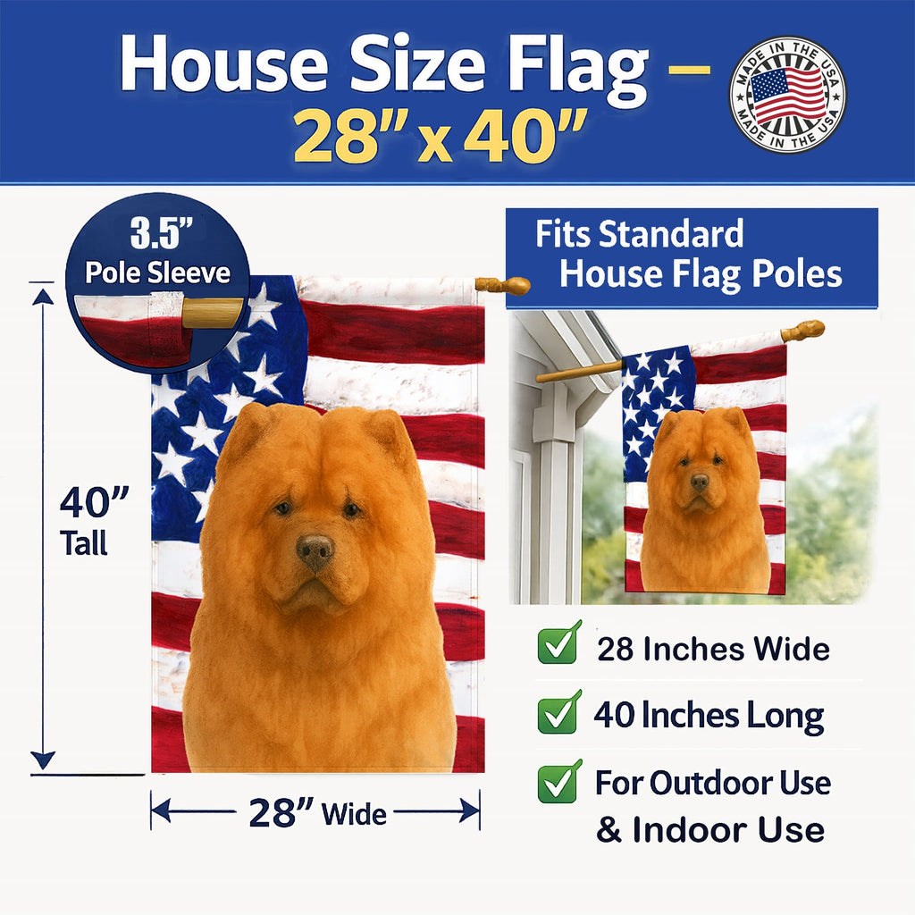 Cinnamon Chow Chow American Flag House Flag 28x40 Porch Sleeve Pole Decorative Outside Yard Banner Artwork Wall Hanging, Polyester