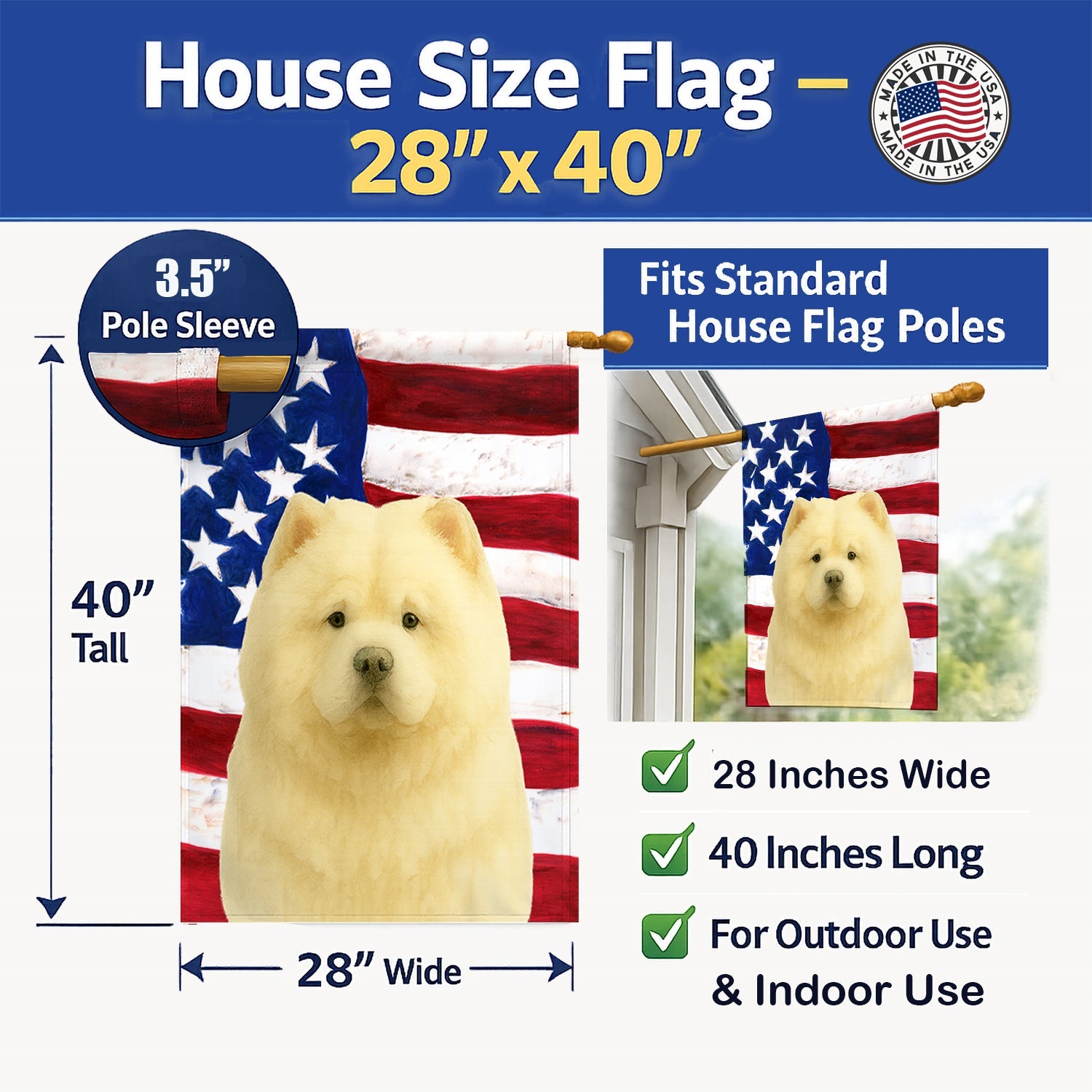 Cream Chow Chow American Flag House Flag 28x40 Porch Sleeve Pole Decorative Outside Yard Banner Artwork Wall Hanging, Polyester
