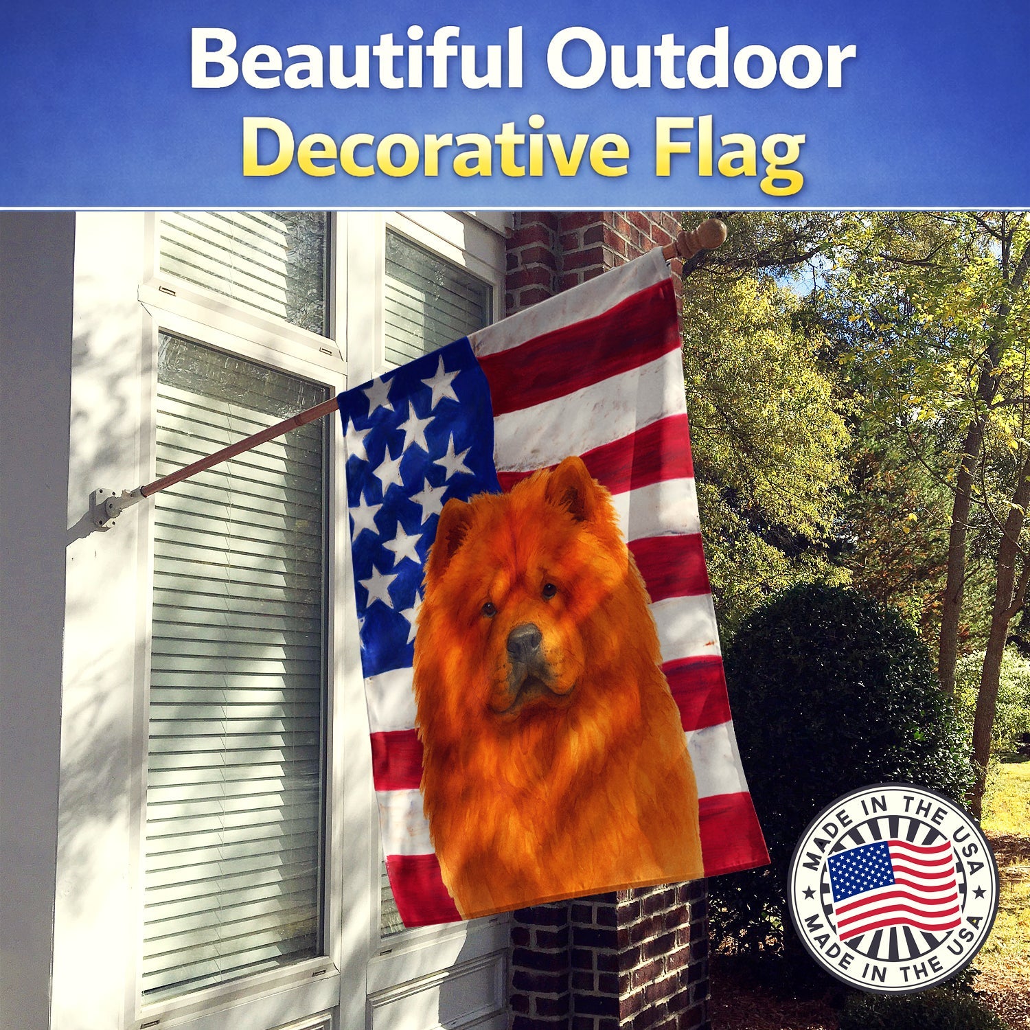 Red Chow Chow American Flag House Flag 28x40 Porch Sleeve Pole Decorative Outside Yard Banner Artwork Wall Hanging, Polyester