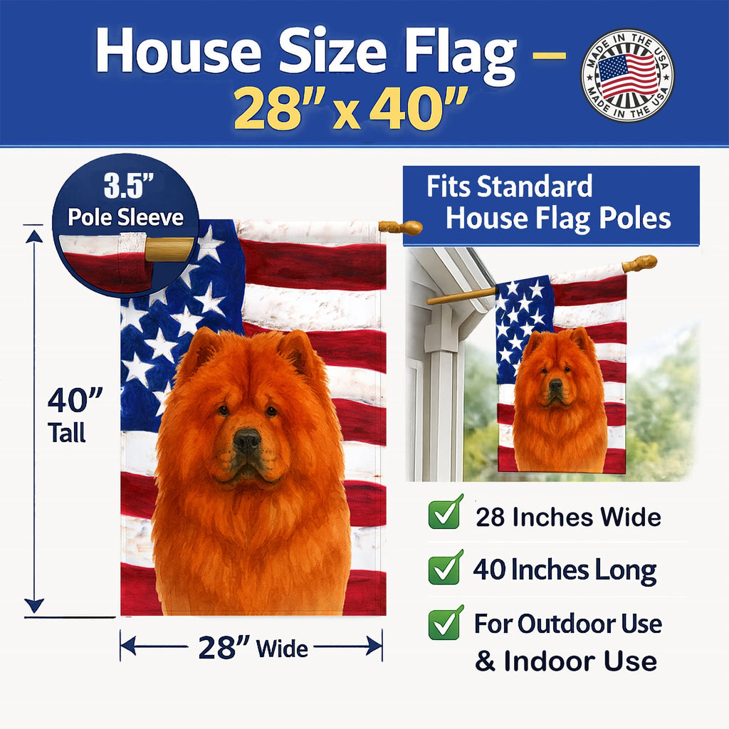 Red Chow Chow American Flag House Flag 28x40 Porch Sleeve Pole Decorative Outside Yard Banner Artwork Wall Hanging, Polyester