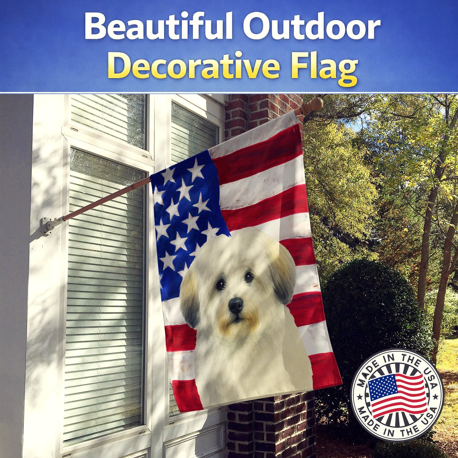 White with Gray Coton de Tulear American Flag House Flag 28x40 Porch Sleeve Pole Decorative Outside Yard Banner Artwork Wall Hanging, Polyester