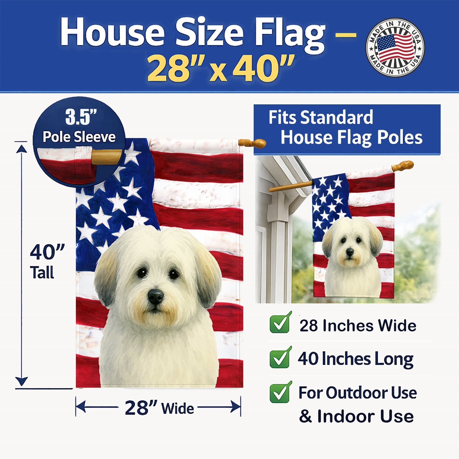 White with Gray Coton de Tulear American Flag House Flag 28x40 Porch Sleeve Pole Decorative Outside Yard Banner Artwork Wall Hanging, Polyester
