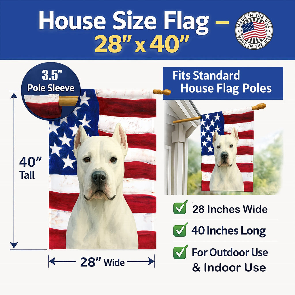 Dogo Argentino American Flag House Flag 28x40 Porch Sleeve Pole Decorative Outside Yard Banner Artwork Wall Hanging, Polyester