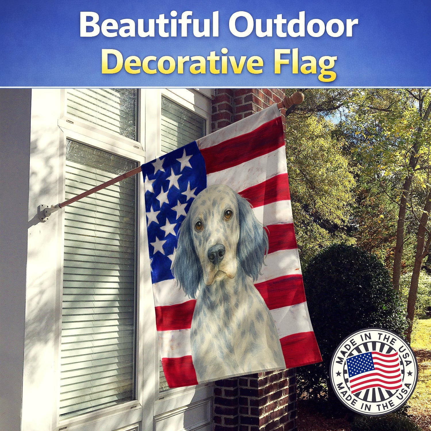 Blue Belton English Setter American Flag House Flag 28x40 Porch Sleeve Pole Decorative Outside Yard Banner Artwork Wall Hanging, Polyester