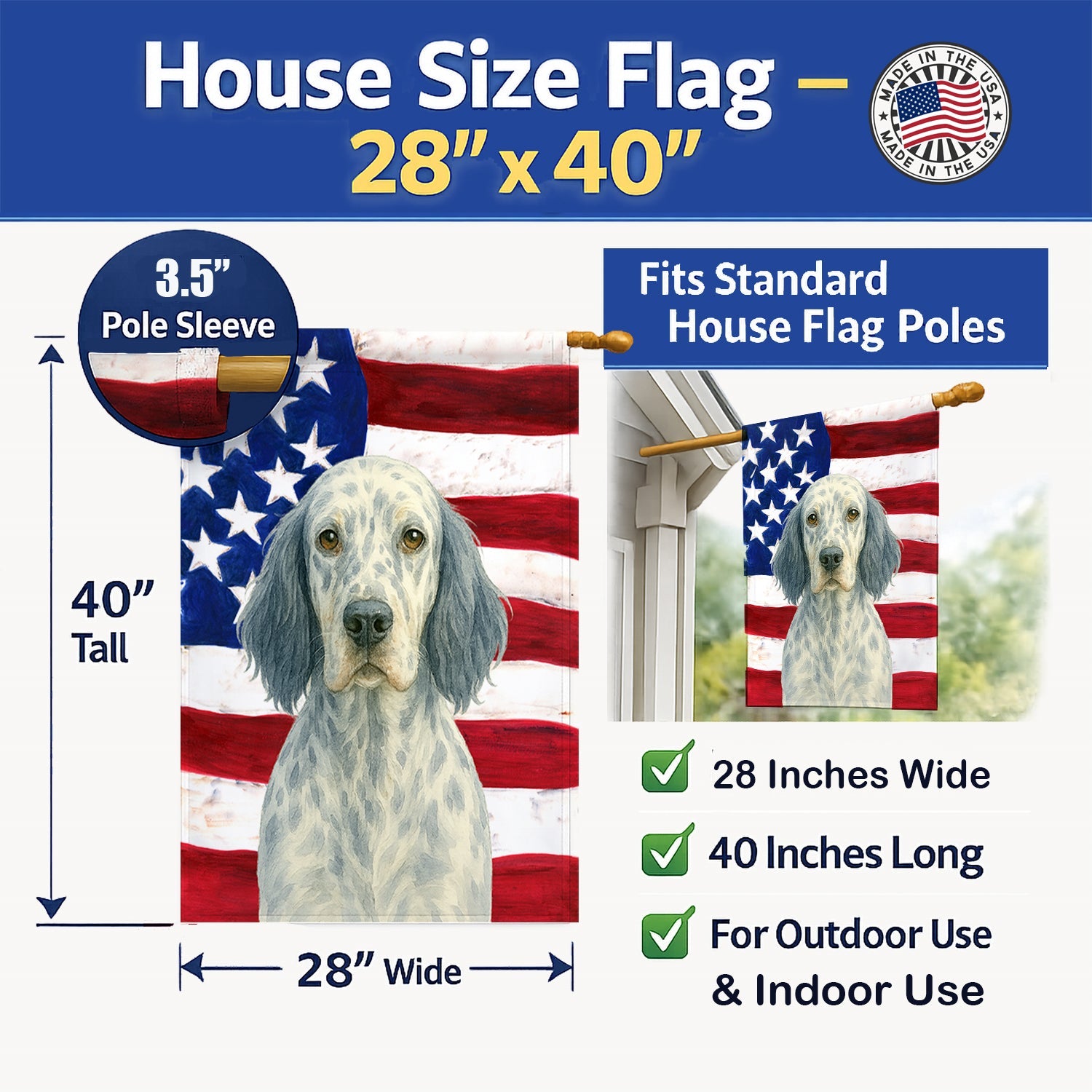 Blue Belton English Setter American Flag House Flag 28x40 Porch Sleeve Pole Decorative Outside Yard Banner Artwork Wall Hanging, Polyester