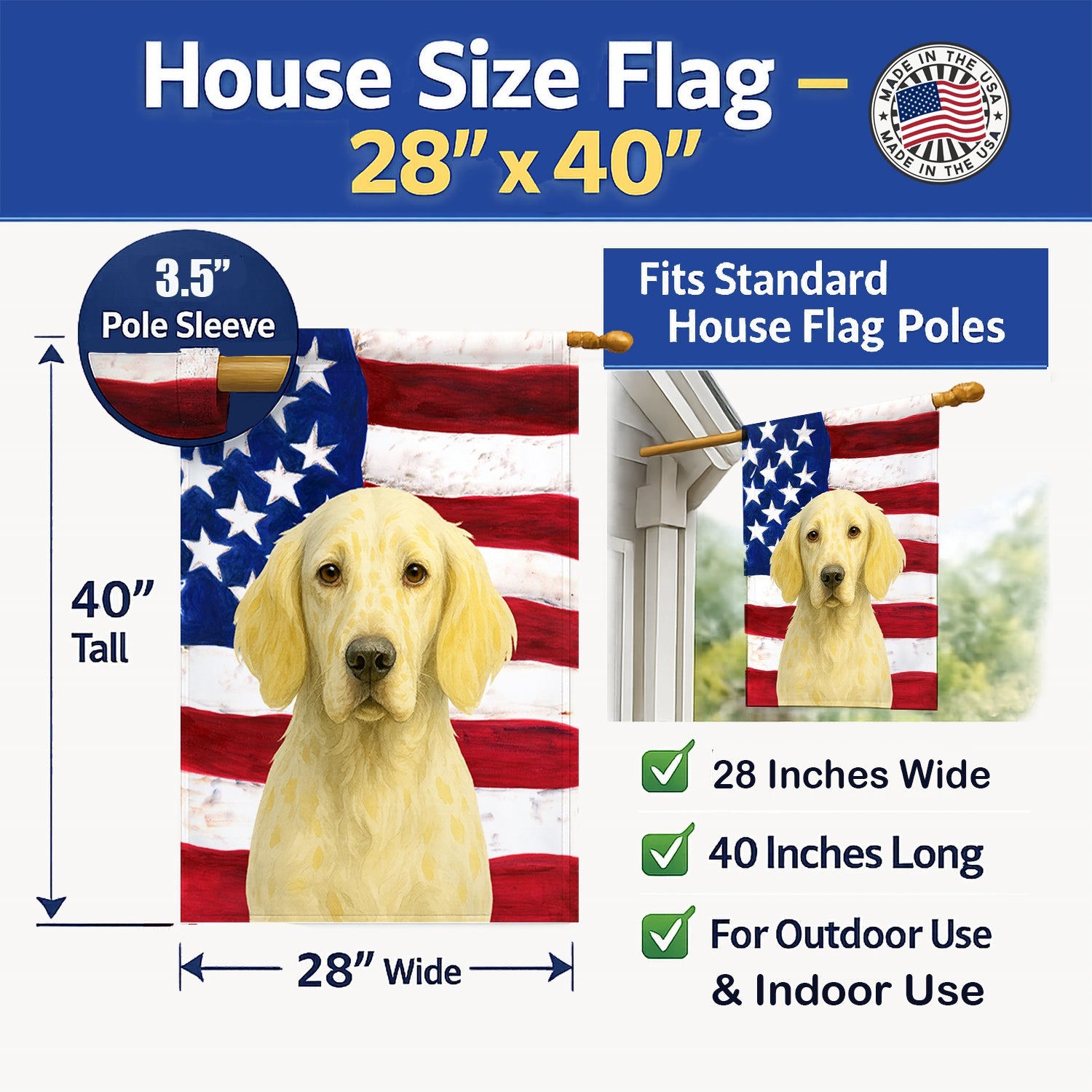 Lemon Belton English Setter American Flag House Flag 28x40 Porch Sleeve Pole Decorative Outside Yard Banner Artwork Wall Hanging, Polyester