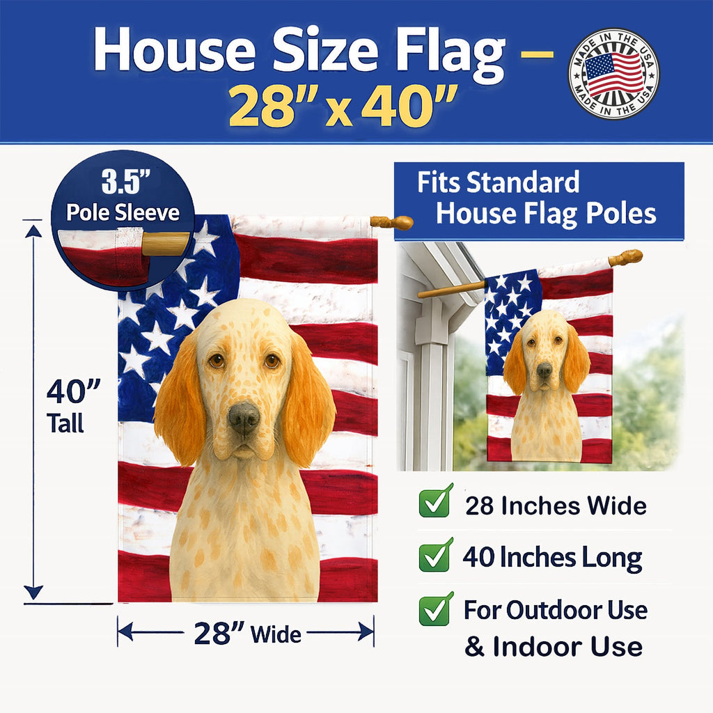 Orange Belton English Setter American Flag House Flag 28x40 Porch Sleeve Pole Decorative Outside Yard Banner Artwork Wall Hanging, Polyester