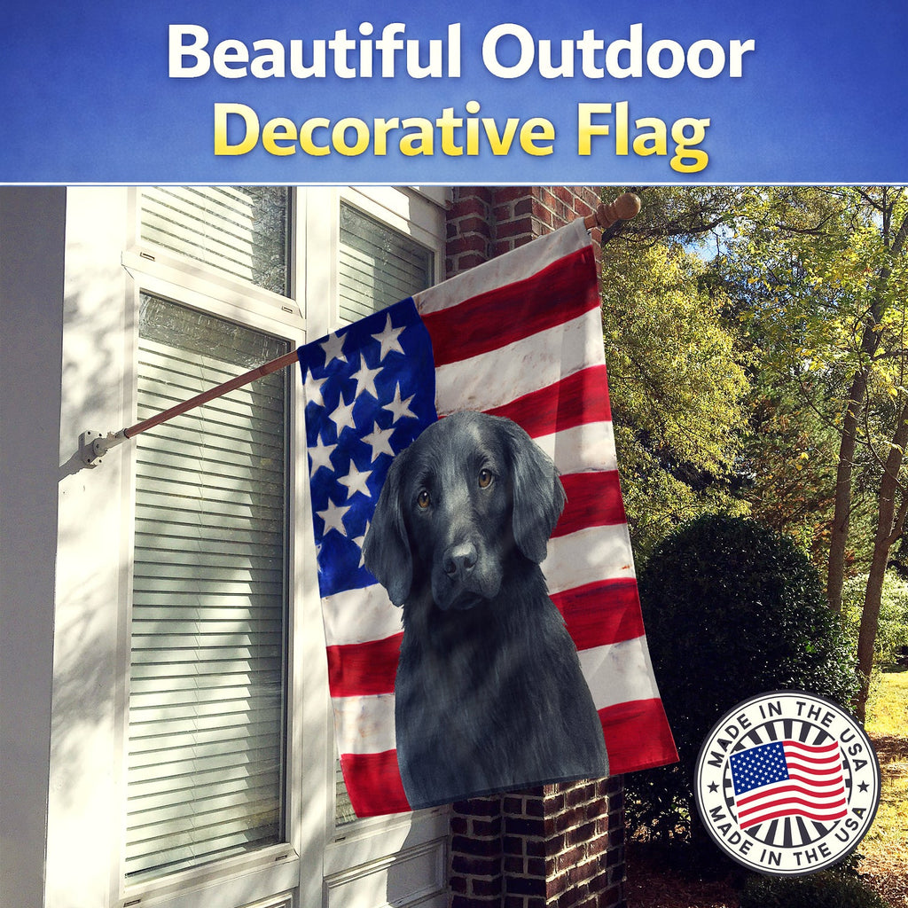 Black Flat-Coated Retriever American Flag House Flag 28x40 Porch Sleeve Pole Decorative Outside Yard Banner Artwork Wall Hanging, Polyester