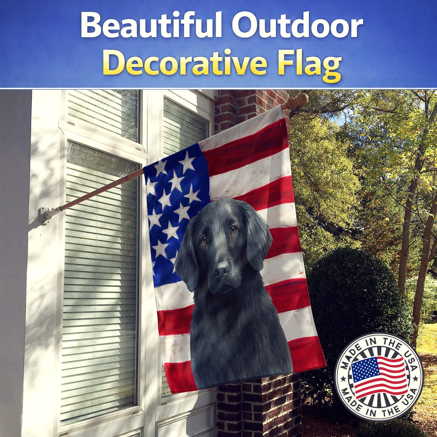 Black Flat-Coated Retriever American Flag House Flag 28x40 Porch Sleeve Pole Decorative Outside Yard Banner Artwork Wall Hanging, Polyester