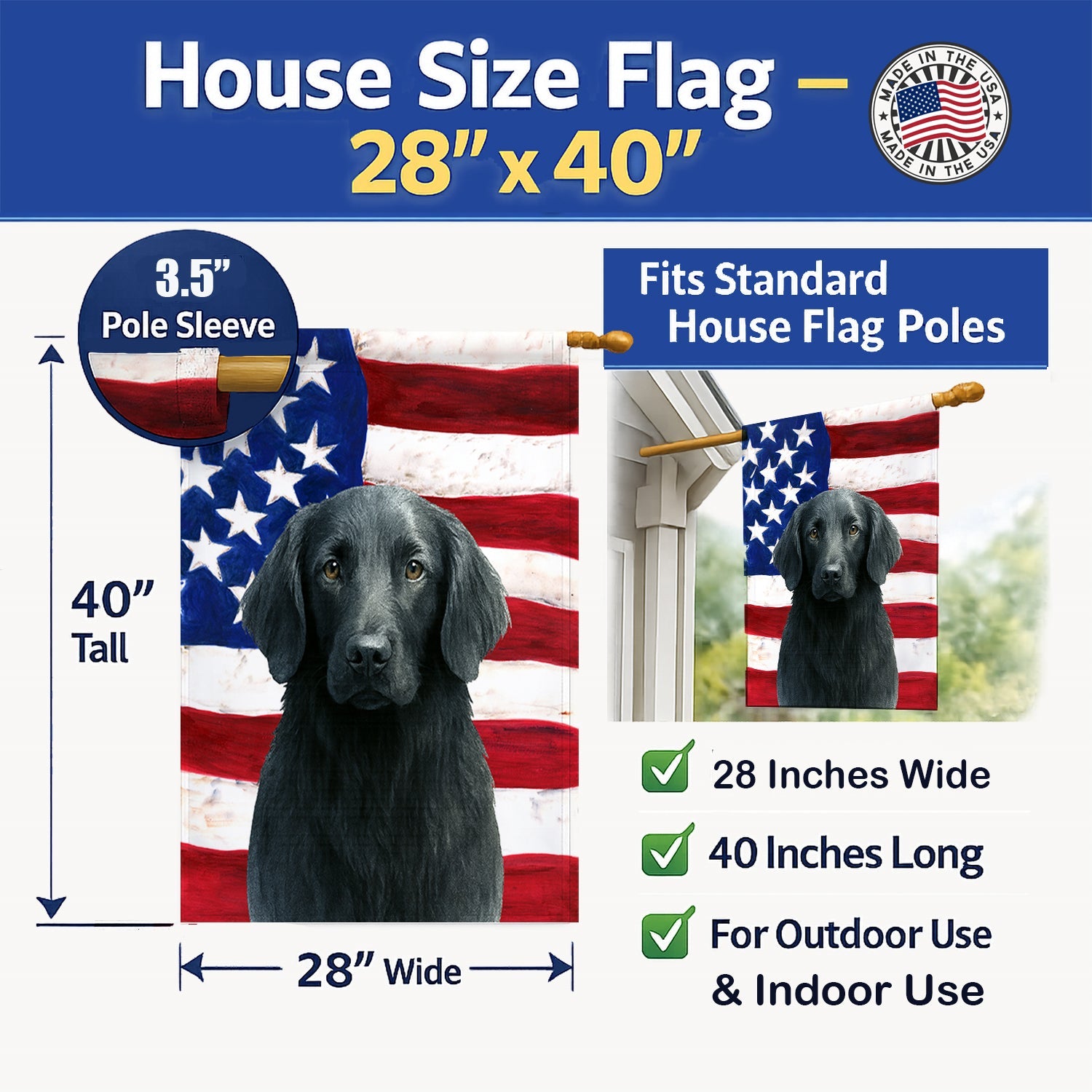 Black Flat-Coated Retriever American Flag House Flag 28x40 Porch Sleeve Pole Decorative Outside Yard Banner Artwork Wall Hanging, Polyester