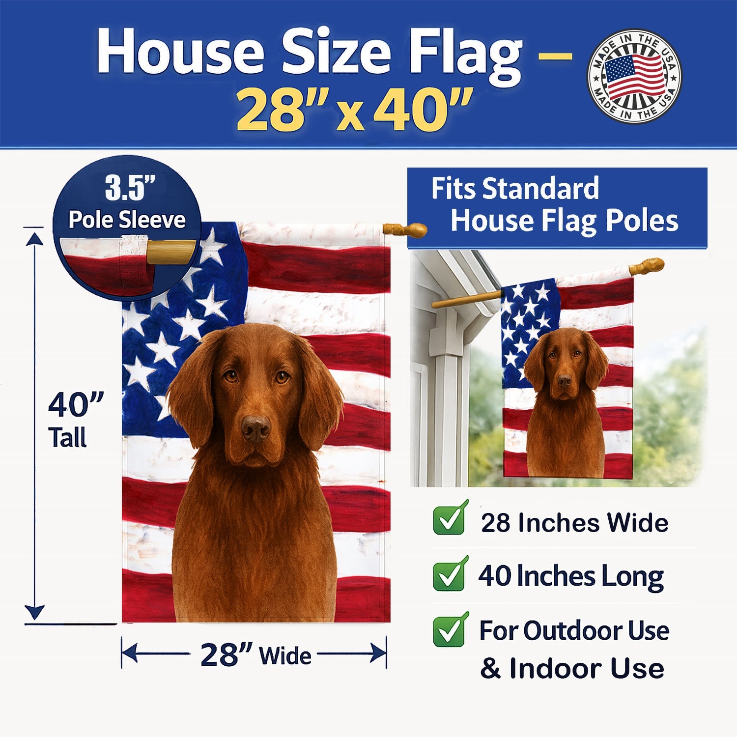 Liver Flat-Coated Retriever American Flag House Flag 28x40 Porch Sleeve Pole Decorative Outside Yard Banner Artwork Wall Hanging, Polyester