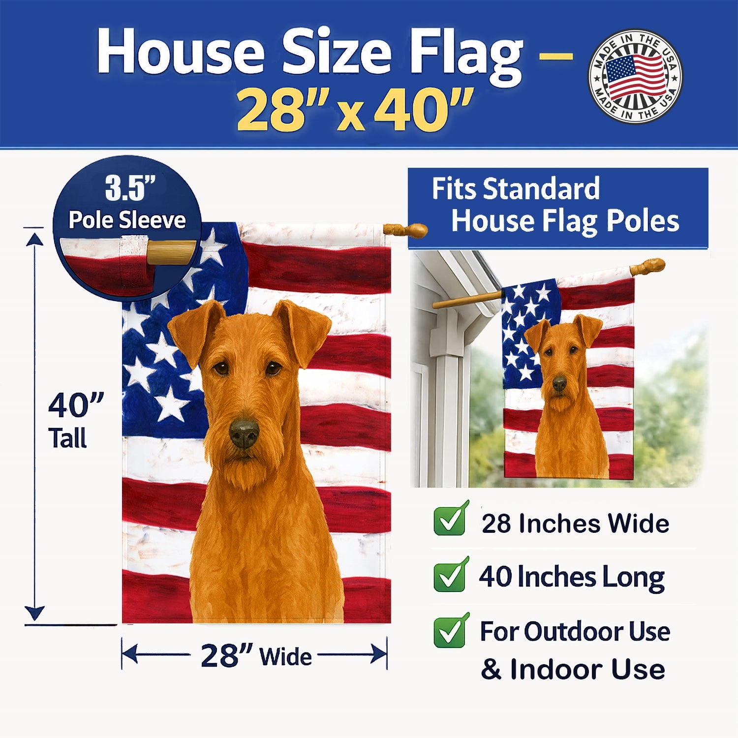 Irish Terrier American Flag House Flag 28x40 Porch Sleeve Pole Decorative Outside Yard Banner Artwork Wall Hanging, Polyester