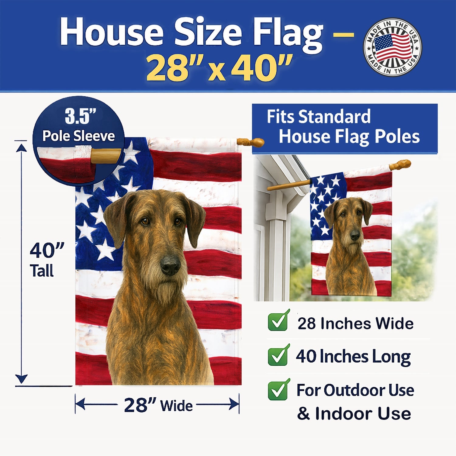 Brindle Irish Wolfhound American Flag House Flag 28x40 Porch Sleeve Pole Decorative Outside Yard Banner Artwork Wall Hanging, Polyester