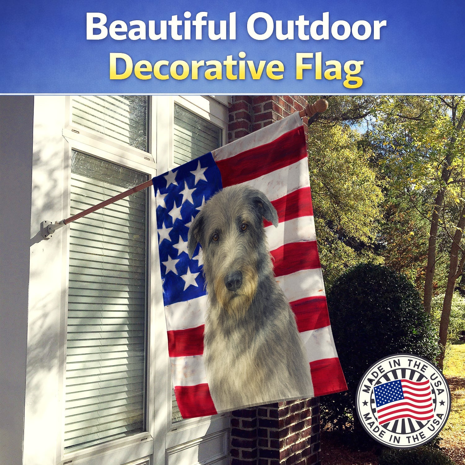 Gray Irish Wolfhound American Flag House Flag 28x40 Porch Sleeve Pole Decorative Outside Yard Banner Artwork Wall Hanging, Polyester