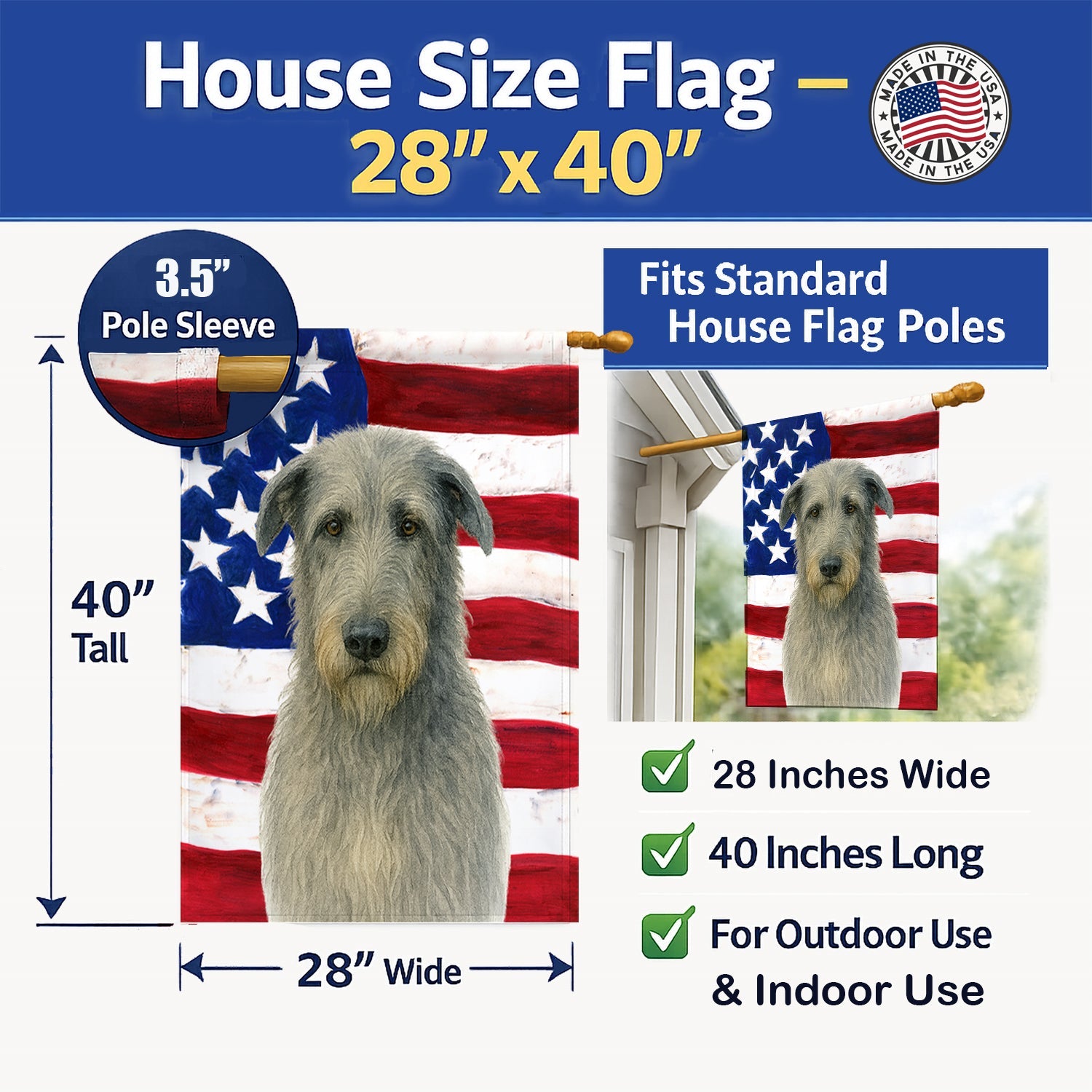 Gray Irish Wolfhound American Flag House Flag 28x40 Porch Sleeve Pole Decorative Outside Yard Banner Artwork Wall Hanging, Polyester