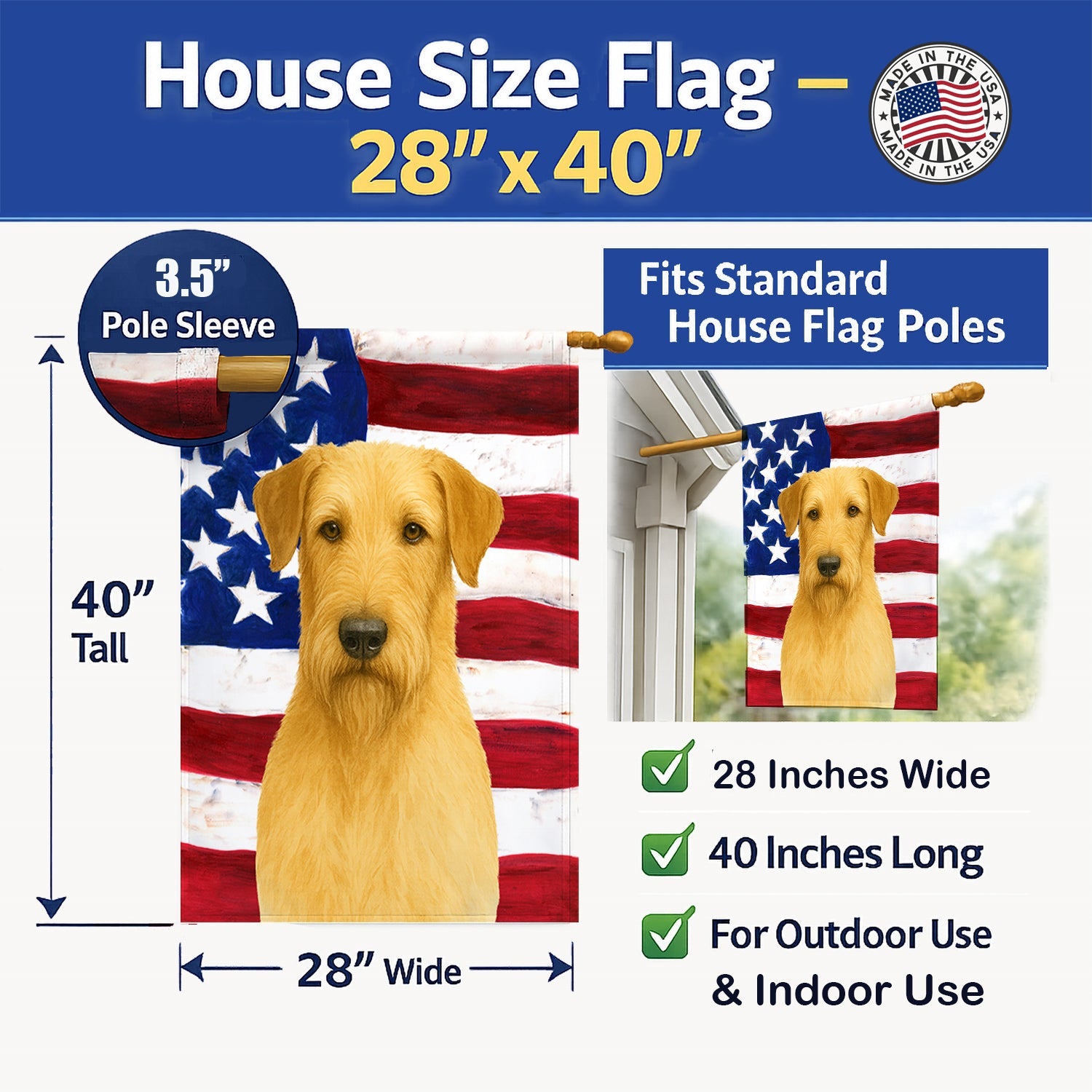 Wheaten Irish Wolfhound American Flag House Flag 28x40 Porch Sleeve Pole Decorative Outside Yard Banner Artwork Wall Hanging, Polyester