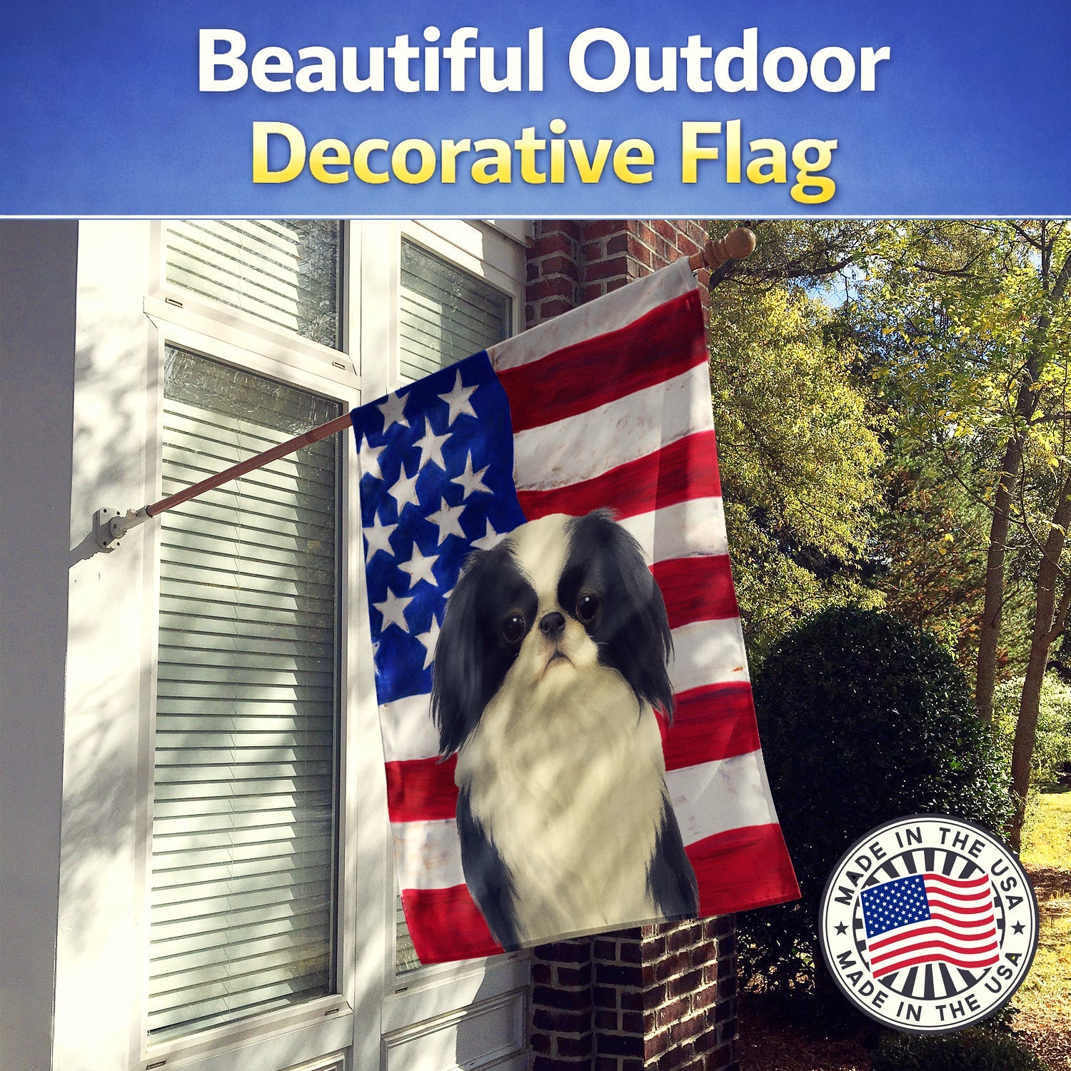 Black and White Japanese Chin American Flag House Flag 28x40 Porch Sleeve Pole Decorative Outside Yard Banner Artwork Wall Hanging, Polyester