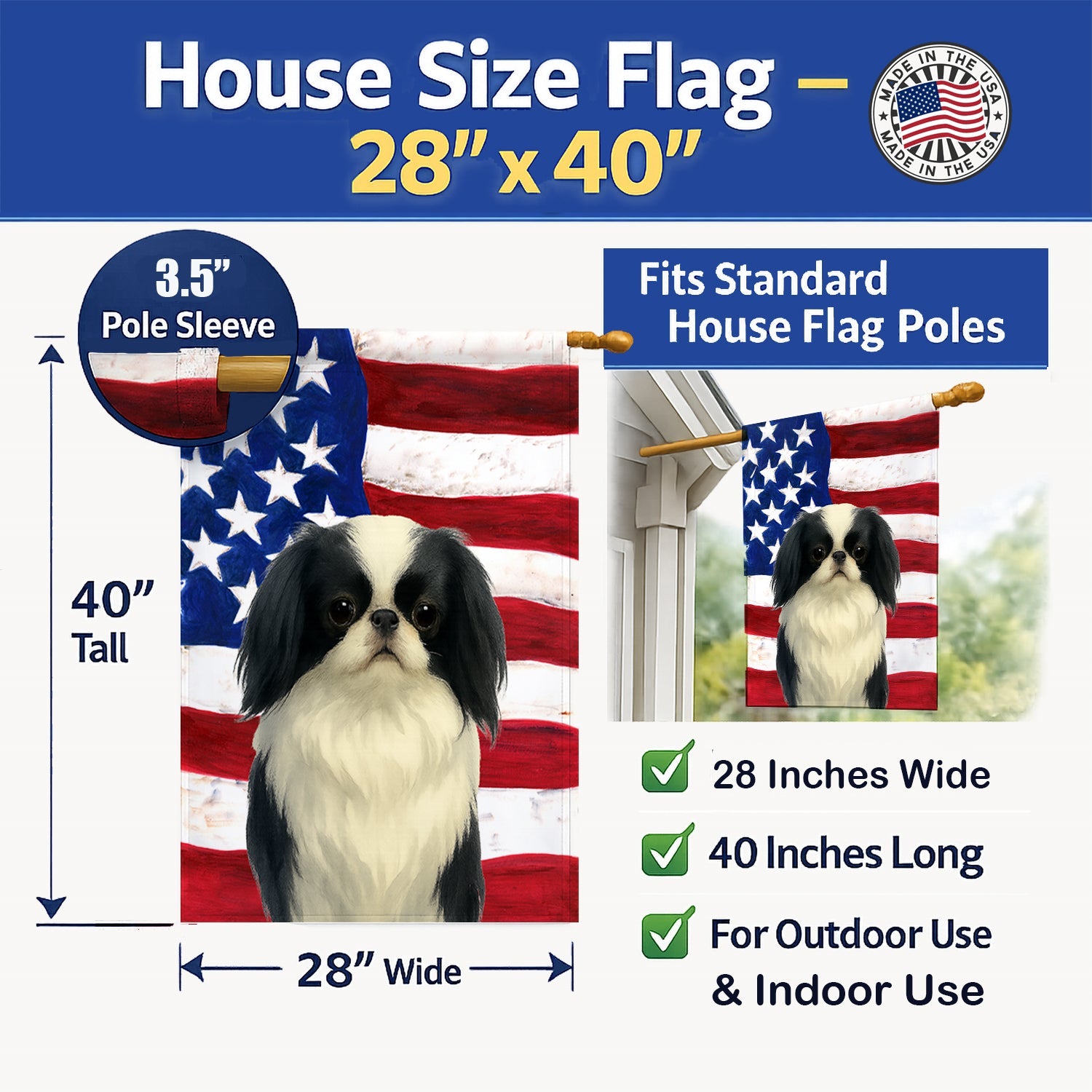 Black and White Japanese Chin American Flag House Flag 28x40 Porch Sleeve Pole Decorative Outside Yard Banner Artwork Wall Hanging, Polyester