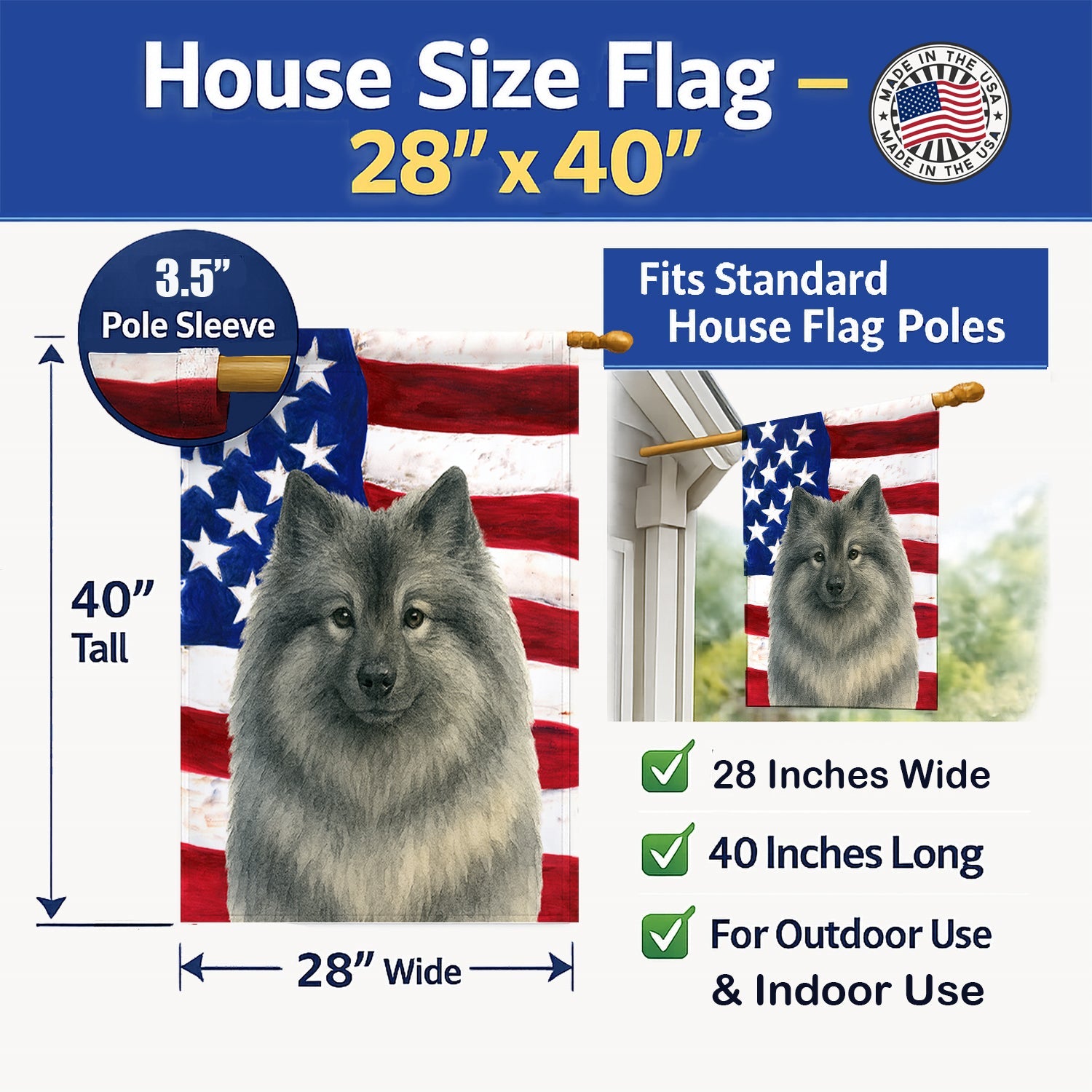 Keeshond American Flag House Flag 28x40 Porch Sleeve Pole Decorative Outside Yard Banner Artwork Wall Hanging, Polyester
