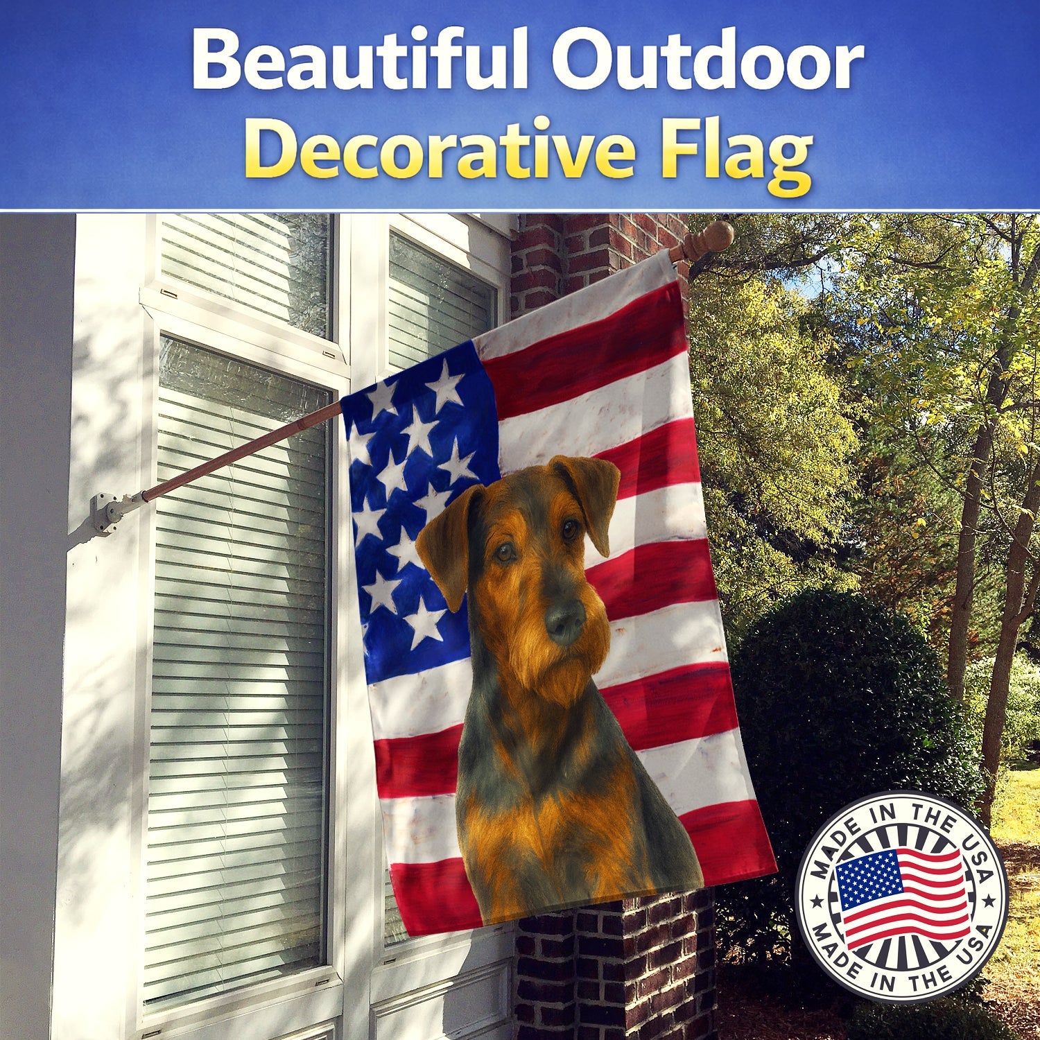 Black and Tan Lakeland Terrier American Flag House Flag 28x40 Porch Sleeve Pole Decorative Outside Yard Banner Artwork Wall Hanging, Polyester