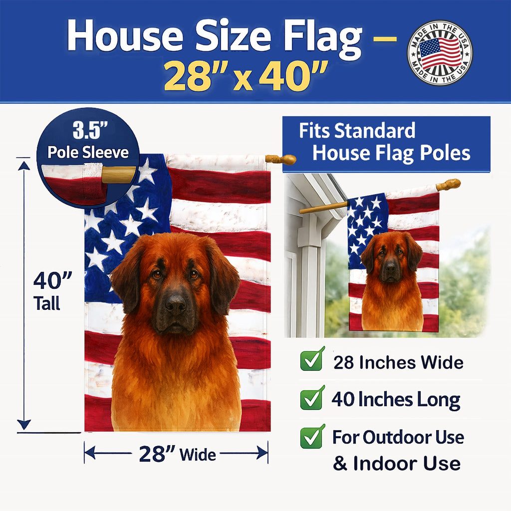 Red Leonberger American Flag House Flag 28x40 Porch Sleeve Pole Decorative Outside Yard Banner Artwork Wall Hanging, Polyester