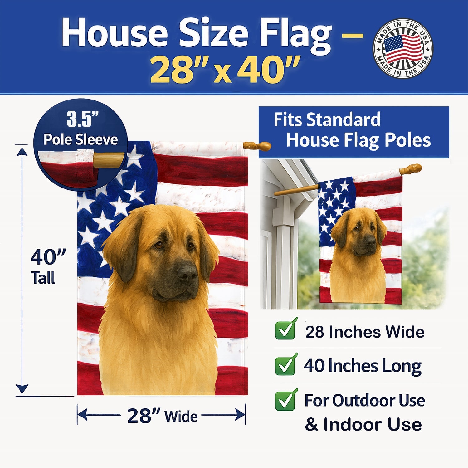 Sandy Leonberger American Flag House Flag 28x40 Porch Sleeve Pole Decorative Outside Yard Banner Artwork Wall Hanging, Polyester