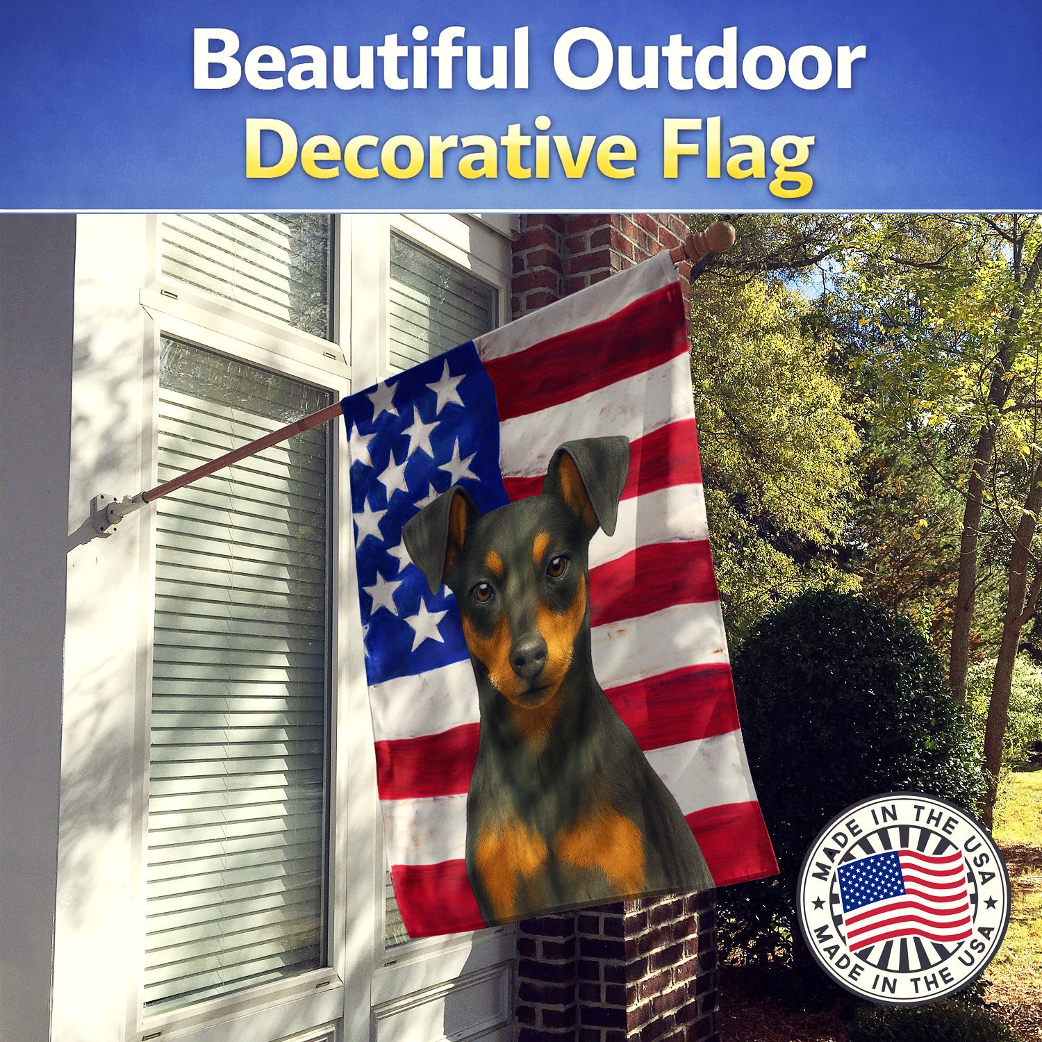 Black and Rust Miniature Pinscher American Flag House Flag 28x40 Porch Sleeve Pole Decorative Outside Yard Banner Artwork Wall Hanging, Polyester