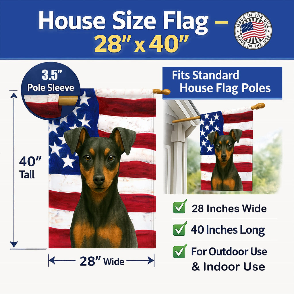 Black and Rust Miniature Pinscher American Flag House Flag 28x40 Porch Sleeve Pole Decorative Outside Yard Banner Artwork Wall Hanging, Polyester