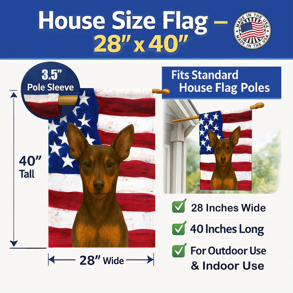 Chocolate and Rust Miniature Pinscher American Flag House Flag 28x40 Porch Sleeve Pole Decorative Outside Yard Banner Artwork Wall Hanging, Polyester
