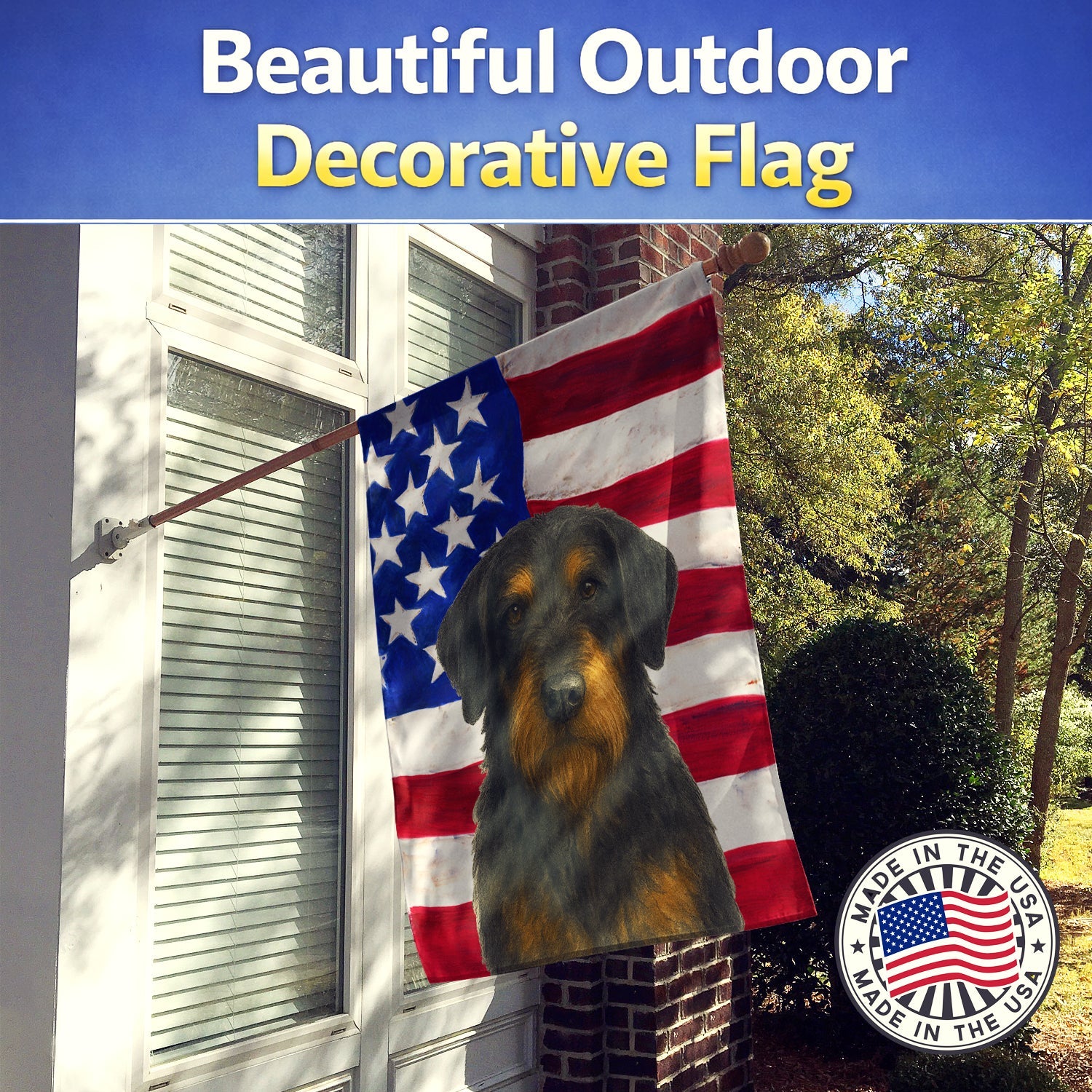 Black and Tan Otterhound American Flag House Flag 28x40 Porch Sleeve Pole Decorative Outside Yard Banner Artwork Wall Hanging, Polyester