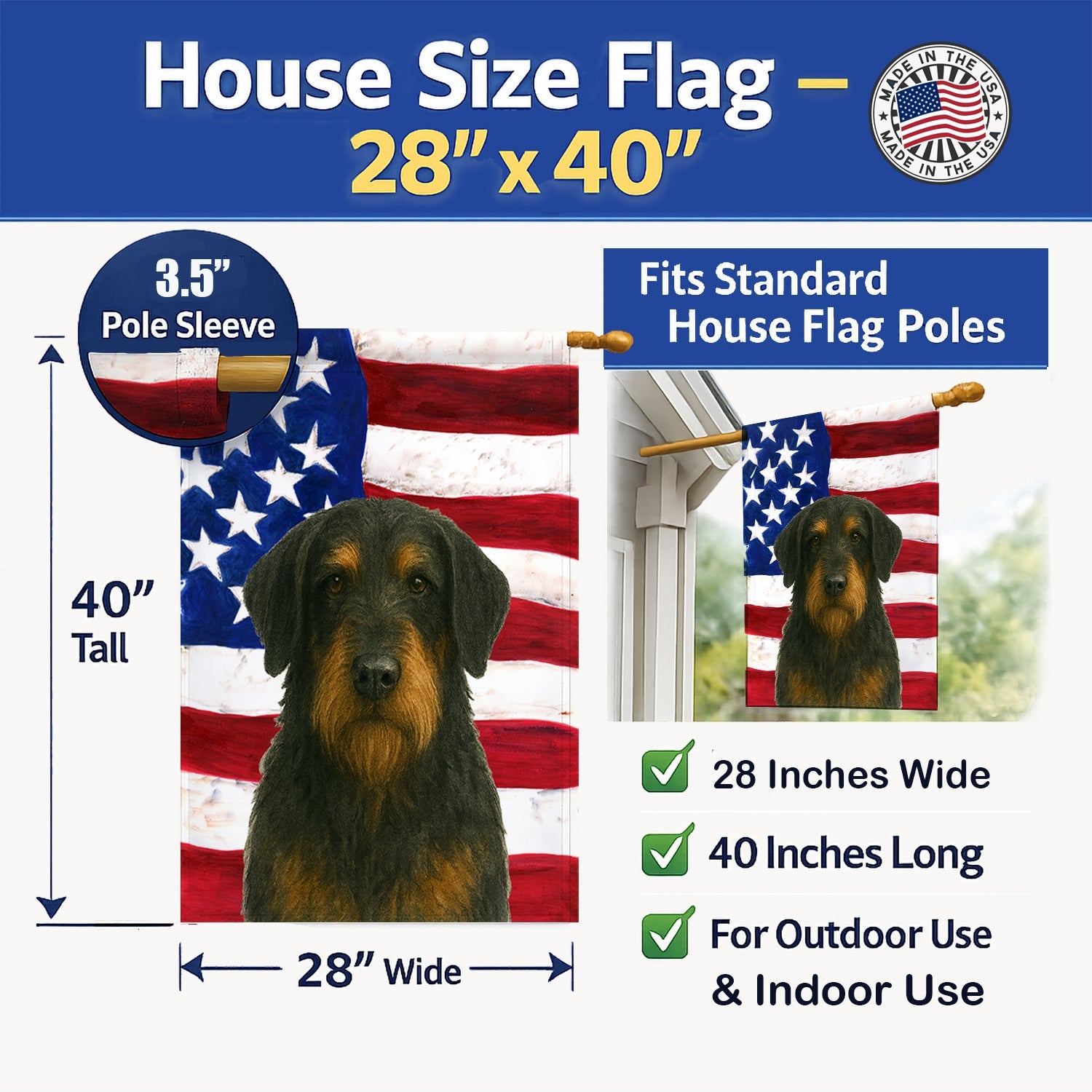 Black and Tan Otterhound American Flag House Flag 28x40 Porch Sleeve Pole Decorative Outside Yard Banner Artwork Wall Hanging, Polyester