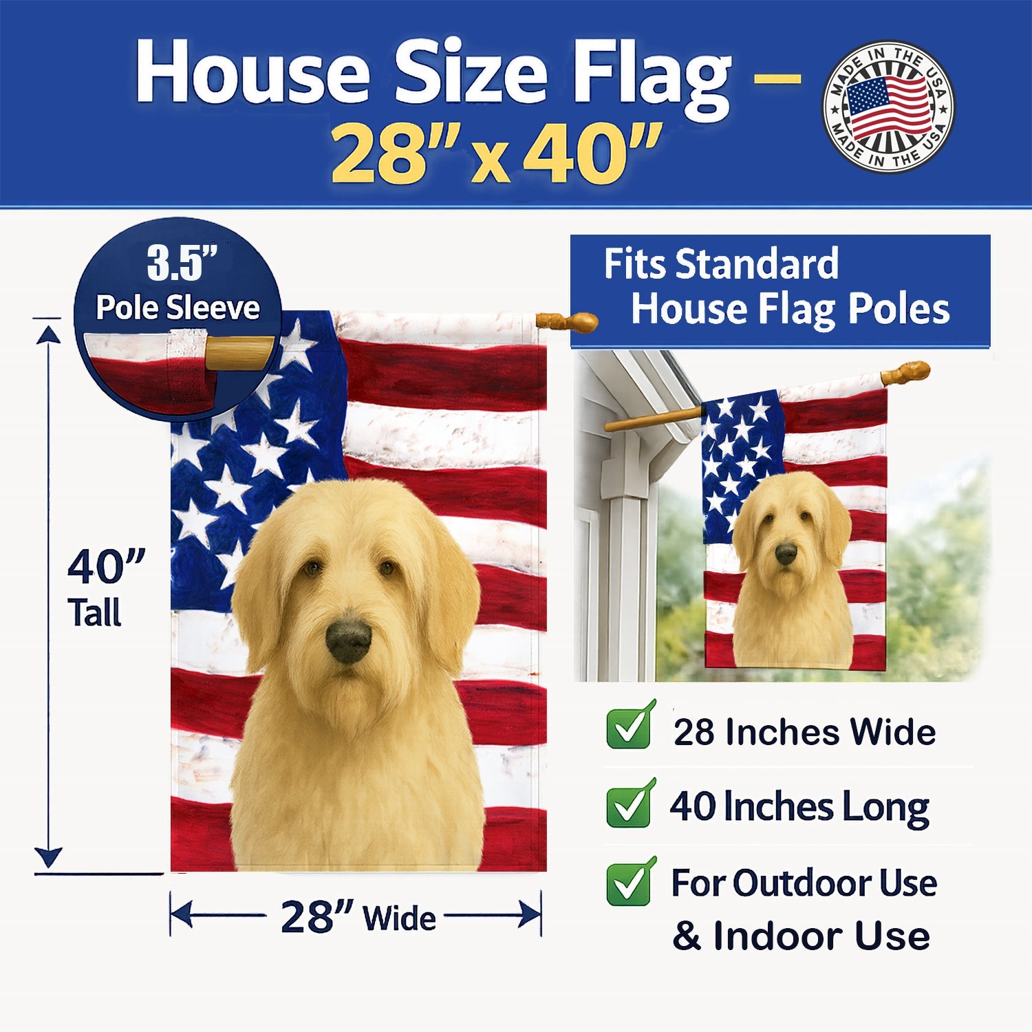 Wheaten Otterhound American Flag House Flag 28x40 Porch Sleeve Pole Decorative Outside Yard Banner Artwork Wall Hanging, Polyester