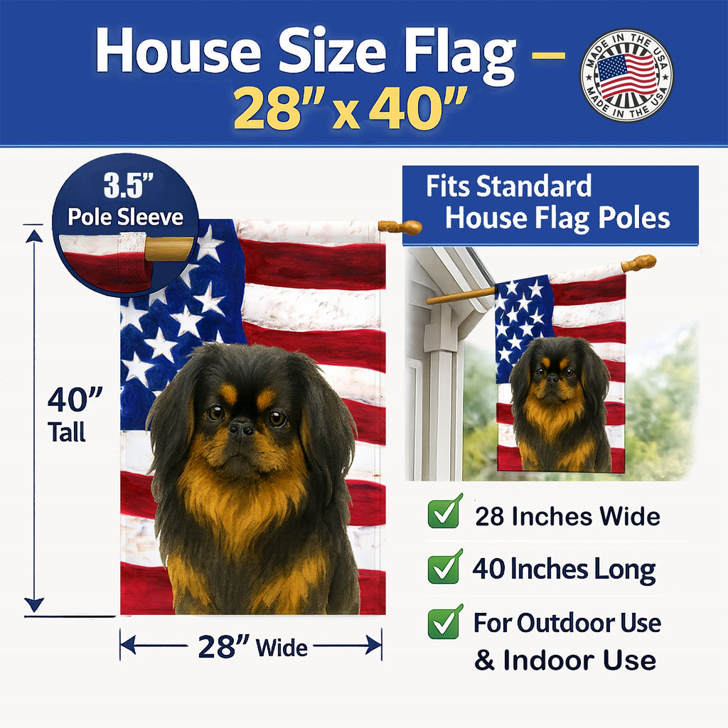 Black and Tan Pekingese American Flag House Flag 28x40 Porch Sleeve Pole Decorative Outside Yard Banner Artwork Wall Hanging, Polyester