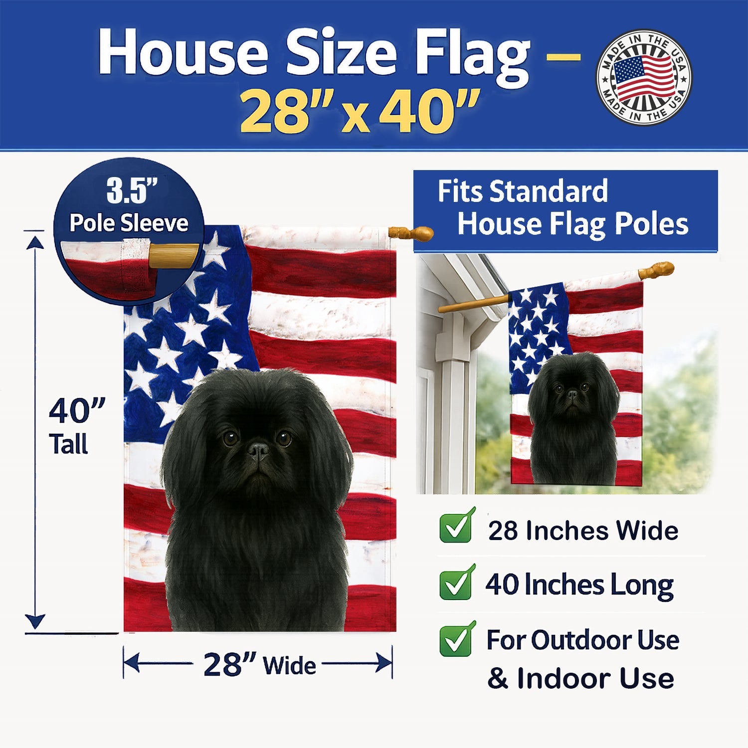 Black Pekingese American Flag House Flag 28x40 Porch Sleeve Pole Decorative Outside Yard Banner Artwork Wall Hanging, Polyester