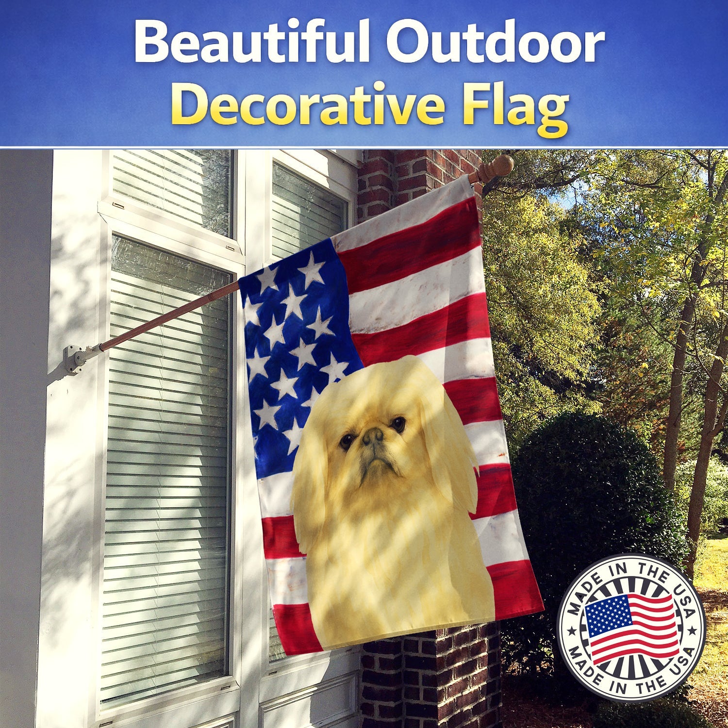 Cream Pekingese American Flag House Flag 28x40 Porch Sleeve Pole Decorative Outside Yard Banner Artwork Wall Hanging, Polyester