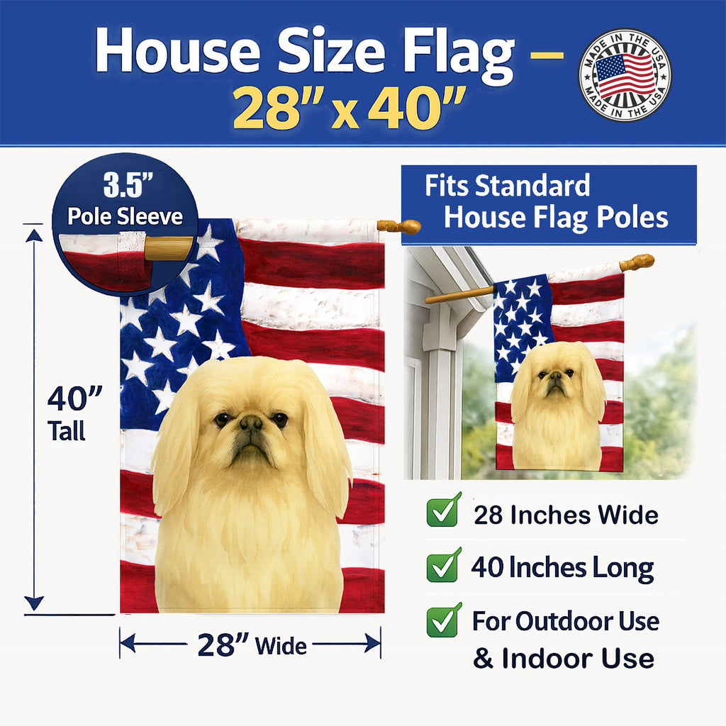 Cream Pekingese American Flag House Flag 28x40 Porch Sleeve Pole Decorative Outside Yard Banner Artwork Wall Hanging, Polyester