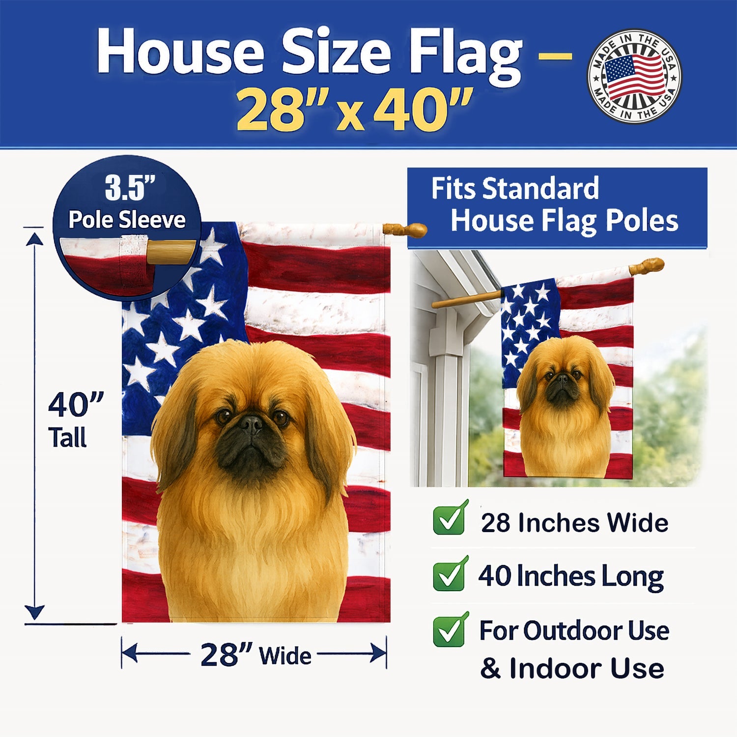 Fawn Pekingese American Flag House Flag 28x40 Porch Sleeve Pole Decorative Outside Yard Banner Artwork Wall Hanging, Polyester
