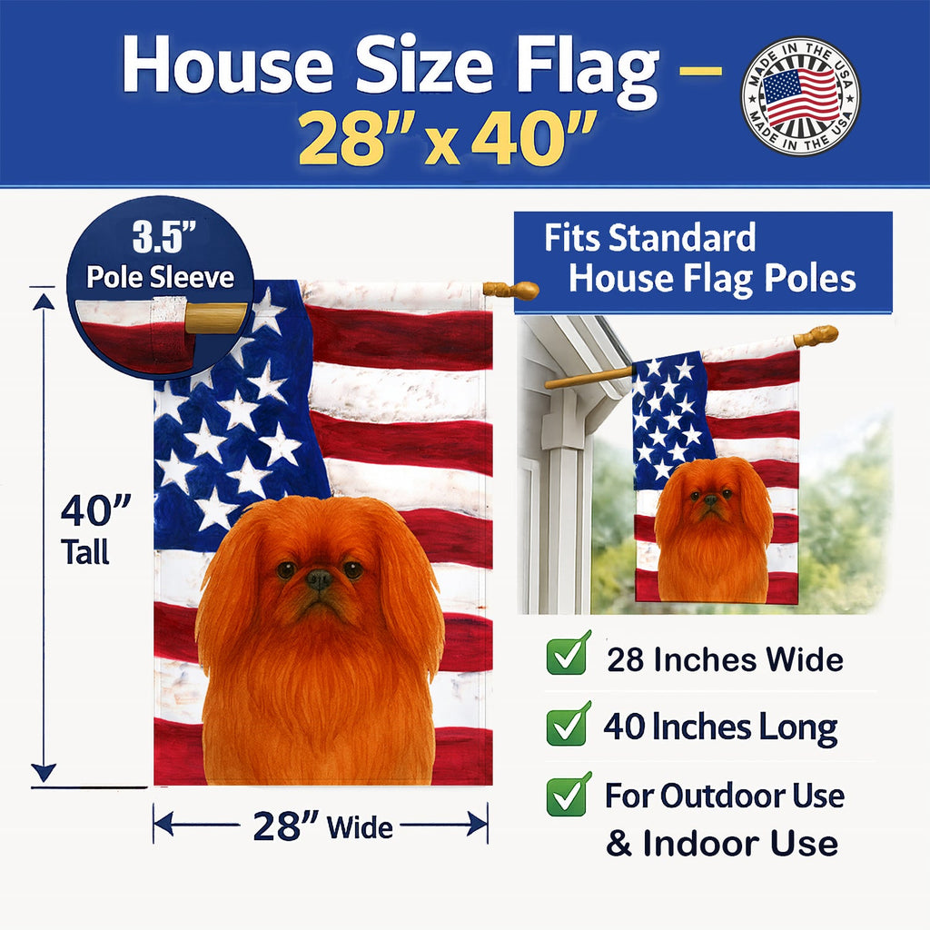 Red Pekingese American Flag House Flag 28x40 Porch Sleeve Pole Decorative Outside Yard Banner Artwork Wall Hanging, Polyester