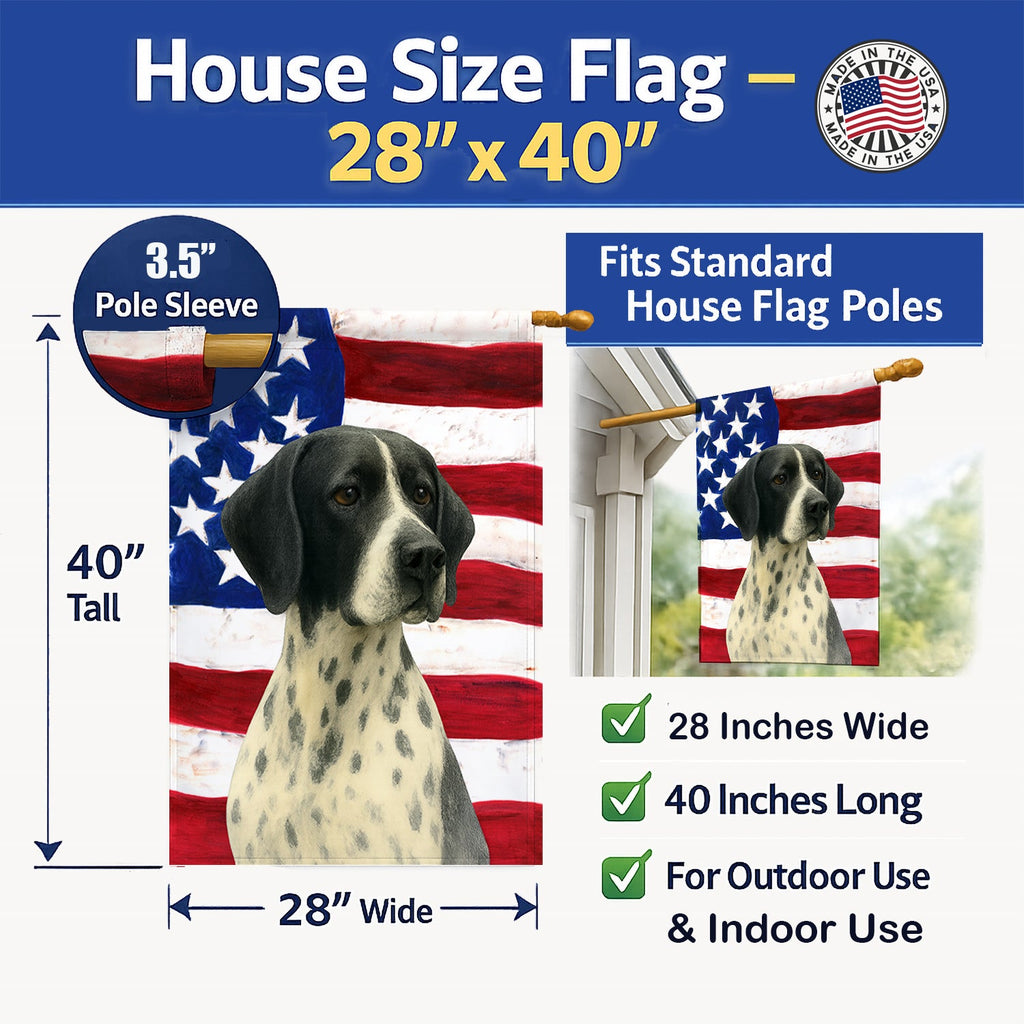 Black and White Pointer American Flag House Flag 28x40 Porch Sleeve Pole Decorative Outside Yard Banner Artwork Wall Hanging, Polyester