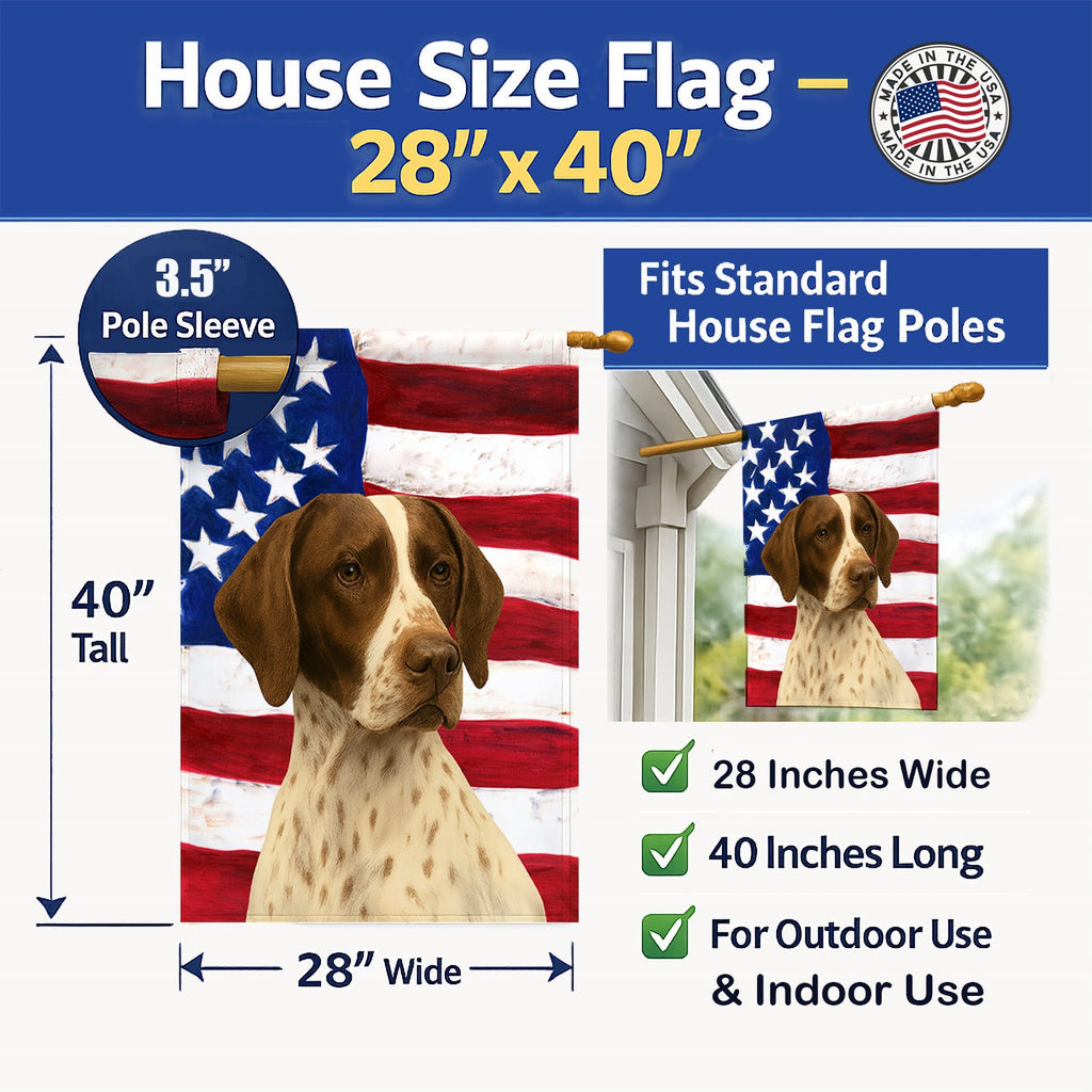 Liver and White Pointer American Flag House Flag 28x40 Porch Sleeve Pole Decorative Outside Yard Banner Artwork Wall Hanging, Polyester