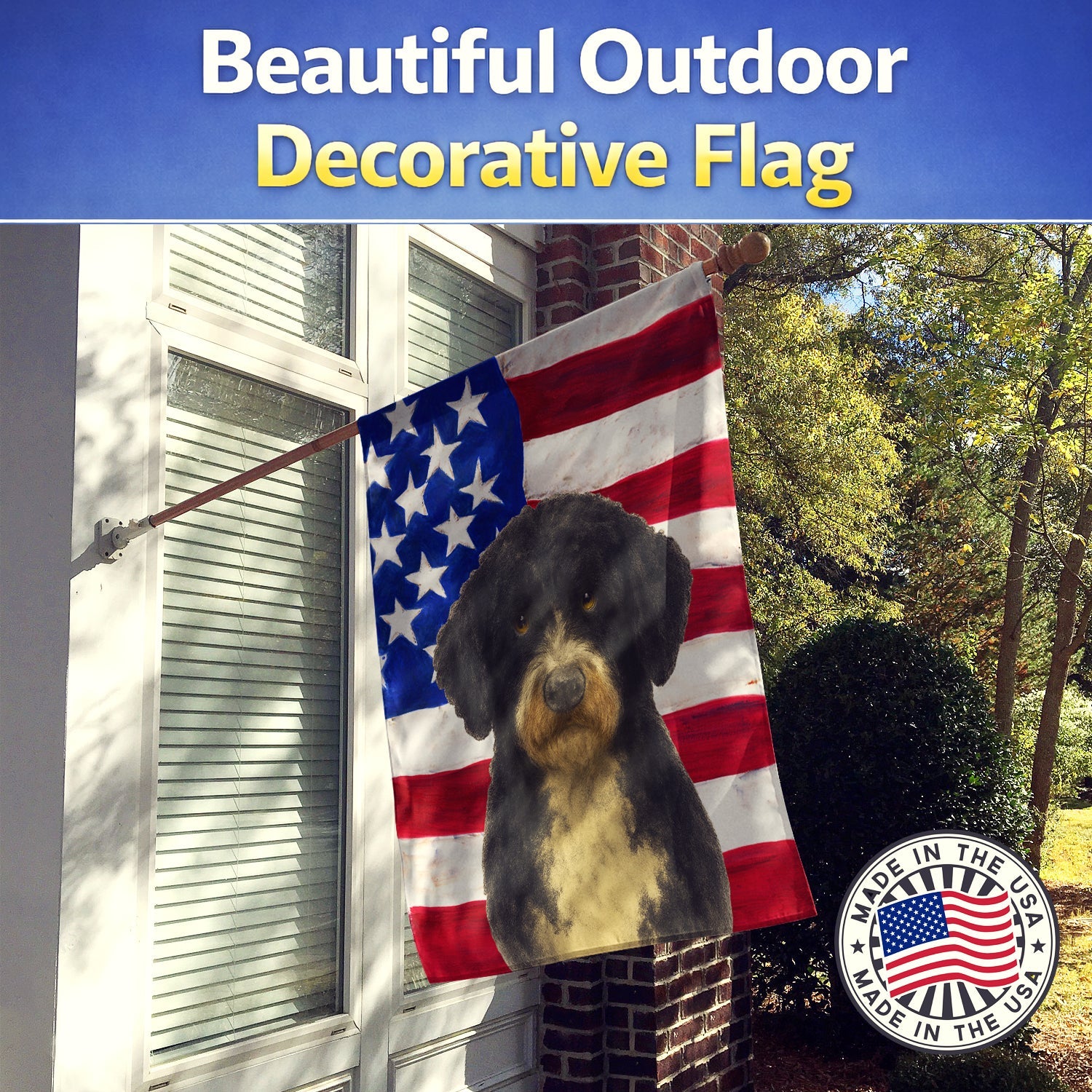 Black and White Portuguese Water Dog American Flag House Flag 28x40 Porch Sleeve Pole Decorative Outside Yard Banner Artwork Wall Hanging, Polyester
