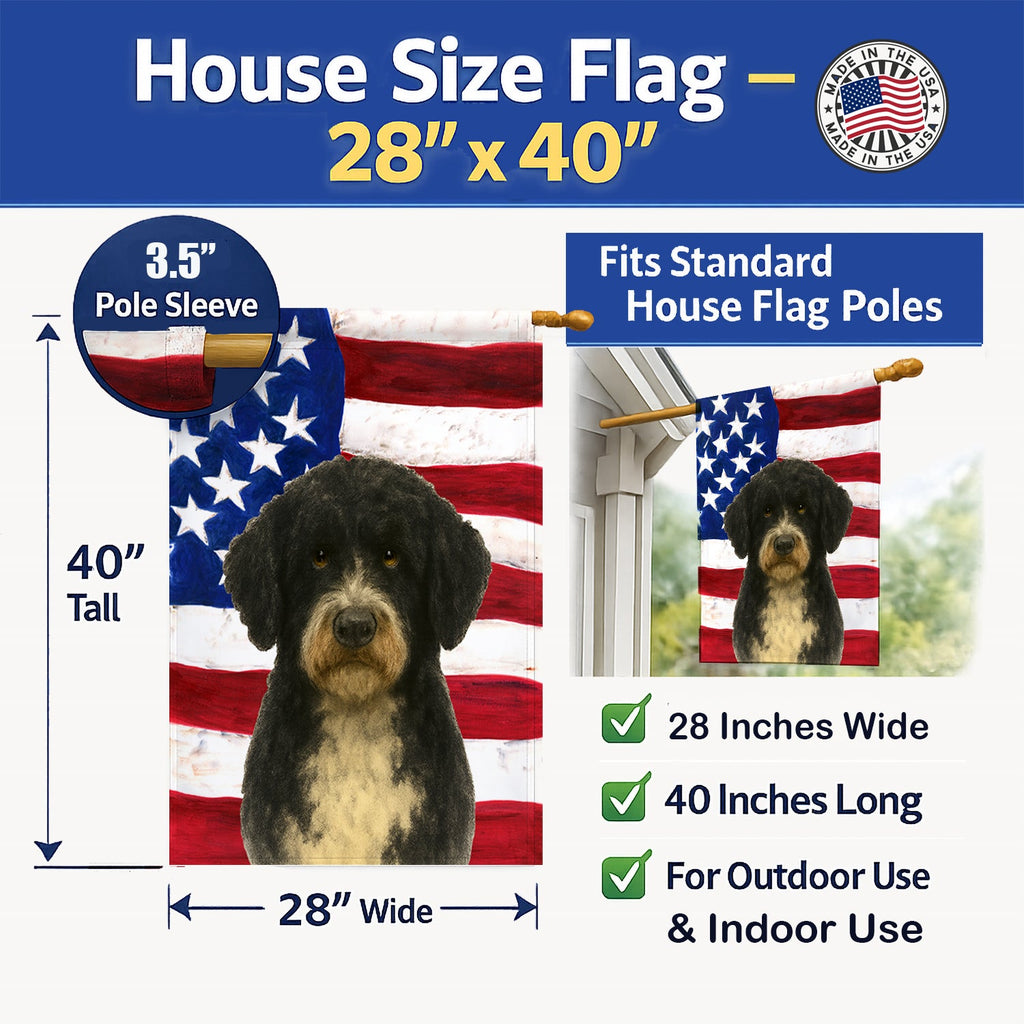 Black and White Portuguese Water Dog American Flag House Flag 28x40 Porch Sleeve Pole Decorative Outside Yard Banner Artwork Wall Hanging, Polyester