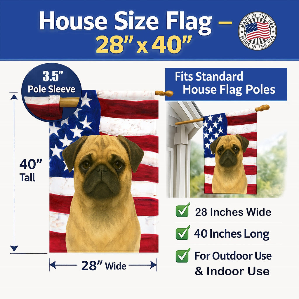 Fawn Pug American Flag House Flag 28x40 Porch Sleeve Pole Decorative Outside Yard Banner Artwork Wall Hanging, Polyester