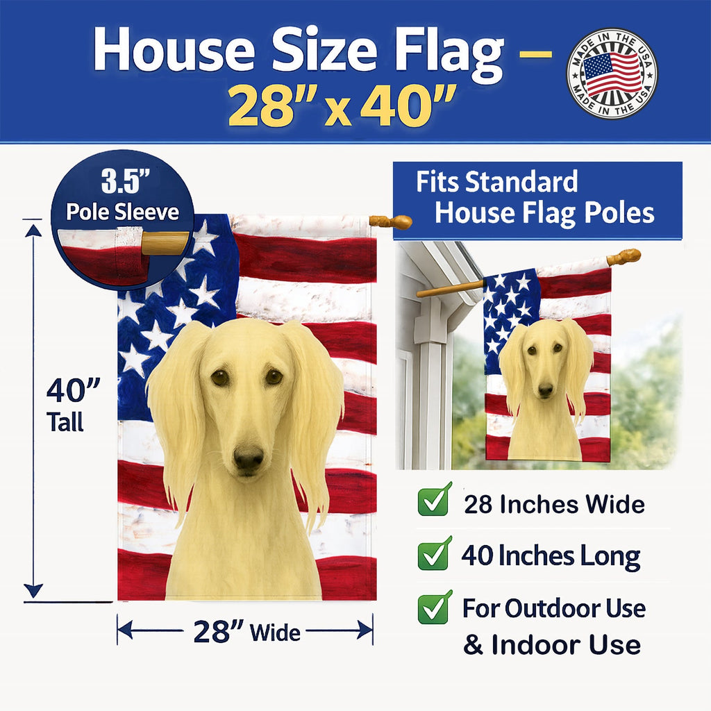 Cream Saluki American Flag House Flag 28x40 Porch Sleeve Pole Decorative Outside Yard Banner Artwork Wall Hanging, Polyester