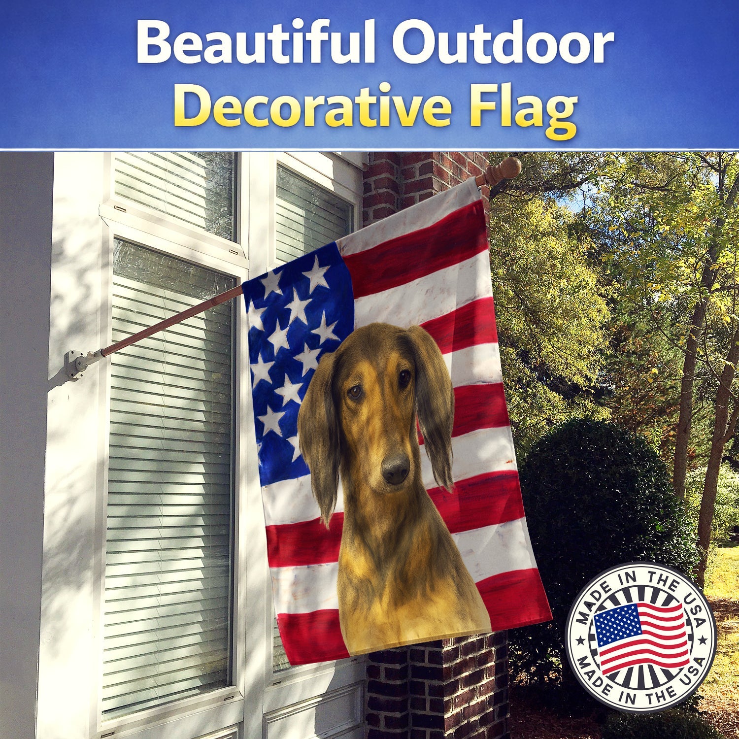 Grizzle and Tan Saluki American Flag House Flag 28x40 Porch Sleeve Pole Decorative Outside Yard Banner Artwork Wall Hanging, Polyester