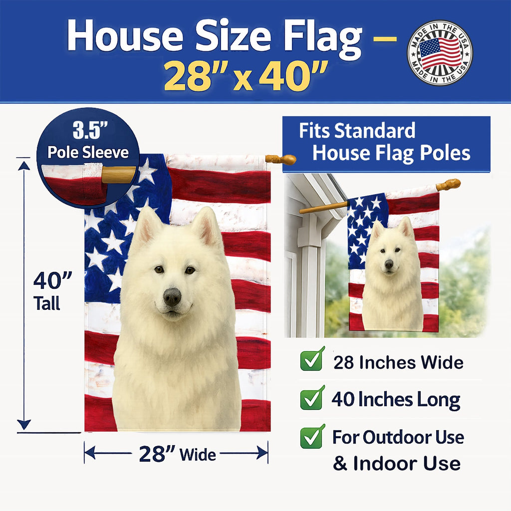 White Samoyed American Flag House Flag 28x40 Porch Sleeve Pole Decorative Outside Yard Banner Artwork Wall Hanging, Polyester