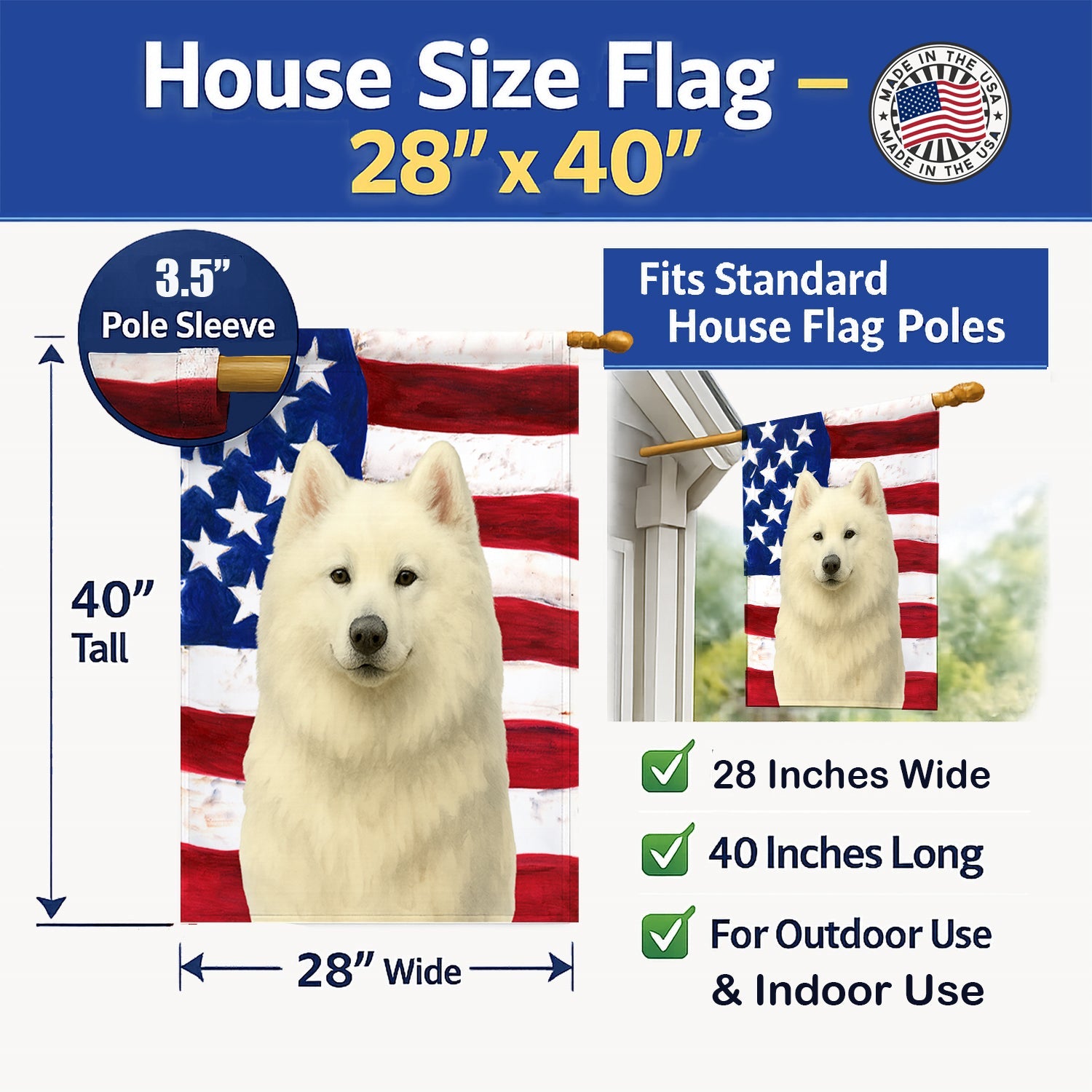 White Samoyed American Flag House Flag 28x40 Porch Sleeve Pole Decorative Outside Yard Banner Artwork Wall Hanging, Polyester